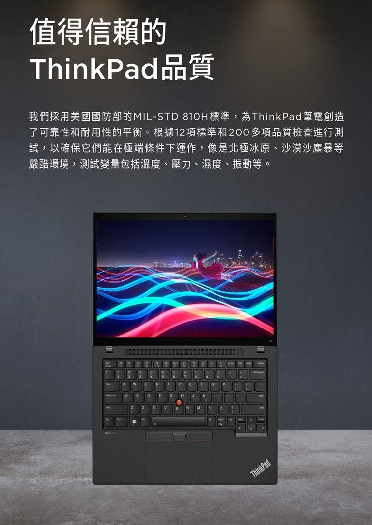 值得信賴的ThinkPad品質我們採用美國國防部的MIL-STD 810H標準,為ThinkPad 筆電創造了可靠性和耐用性的平衡根據12項標準和200多項品質檢查進行測試,以確保它們能在極端條件下運作,像是北極冰原、沙漠沙塵暴等嚴酷環境,測試變量包括溫度、壓力、濕度、振動等。。ThinkPad