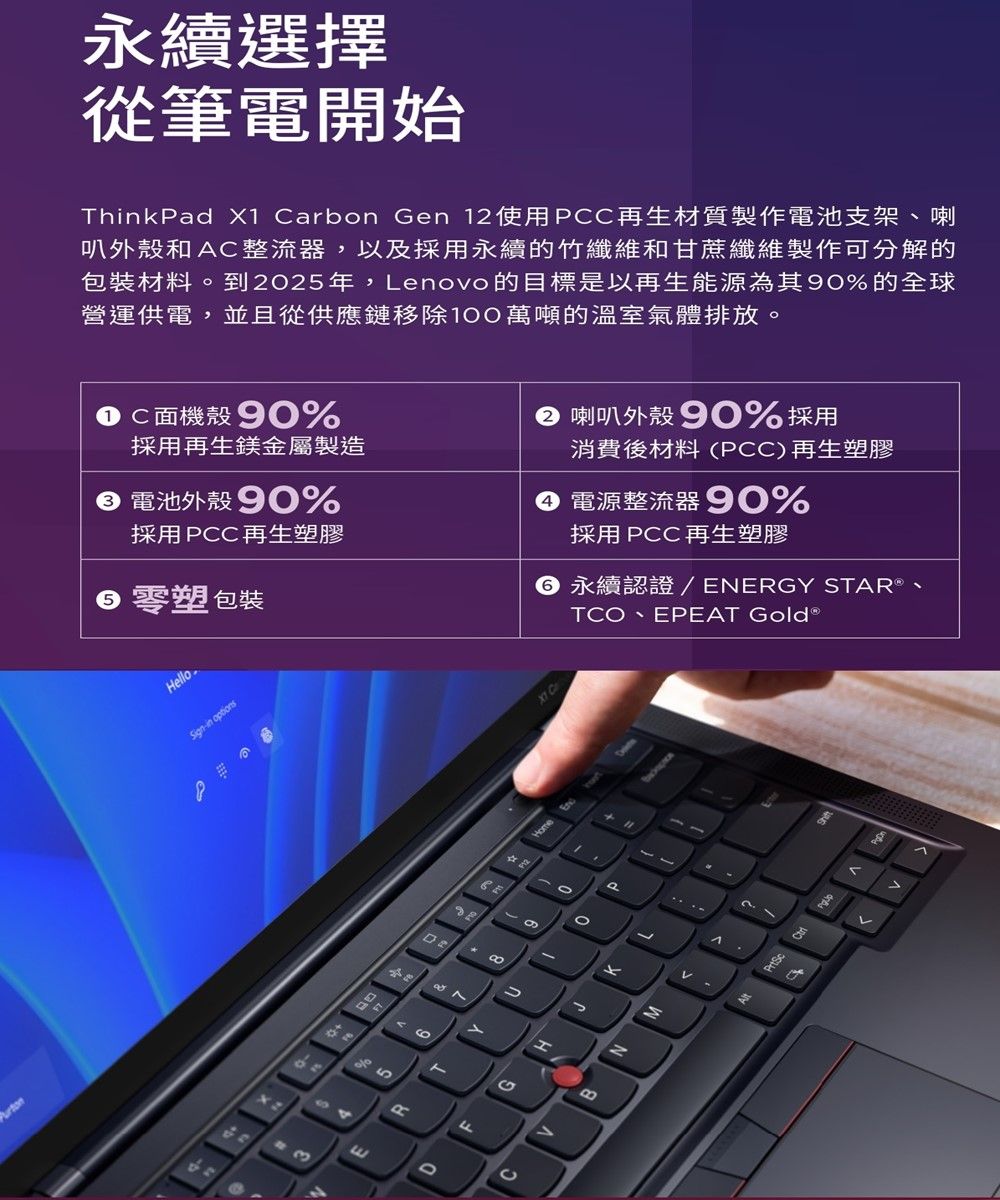 永續選擇從筆電開始ThinkPd X1 Carbon en 1使用PCC再生材質製作電池支架、喇叭外殼和AC整流器,以及採用永續的竹纖維和甘蔗纖維製作可分解的包裝材料。到22年,Lenoo的目標是以再生能源為其90的全球營運供電,並且從供應鏈移除100萬噸的溫室氣體排放。C面機殼 90%採用再生鎂金屬製造喇叭外殼90%採用消費後材料(PCC)再生塑膠 電池外殼90%採用PCC再生塑膠塑 包裝 電源整流器90%採用 PCC 再生塑膠 永續認證/ NERGY STAR®、TC EPEAT ello-in options% 53E Home aOvKM RGHB02