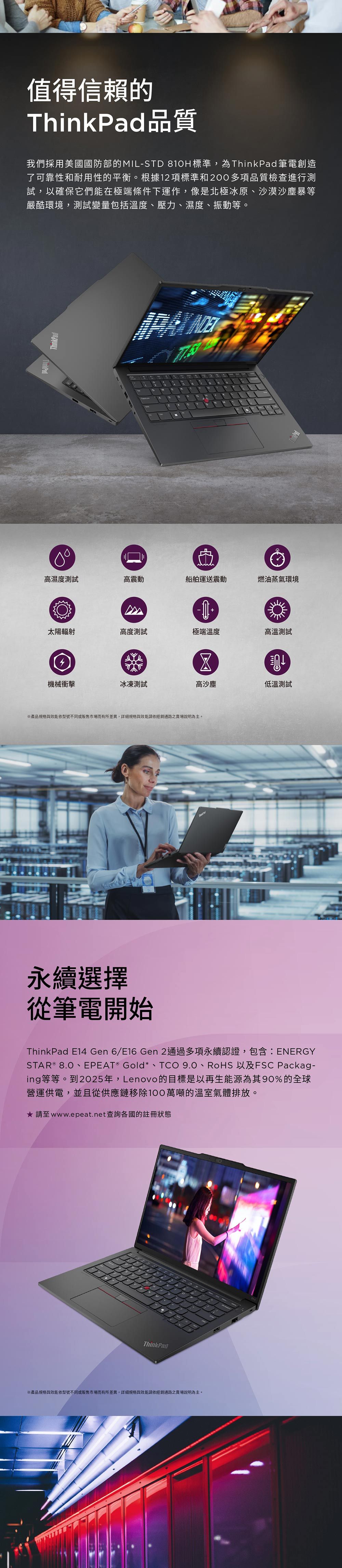 值得信賴的ThinkPad品質我們採用美國國防部的MILSTD 810H標準,為ThinkPad 筆電創造了可靠性和耐用性的平衡。根據12項標準和200多項品質檢查進行測試,以確保它們能在極端條件下運作,像是北極冰原、沙漠沙塵暴等嚴酷環境,測試變量包括溫度、壓力、濕度、振動等。ThinkPadThinkPad高濕度測試高震動船舶運送震動燃油蒸氣環境太陽輻射高度測試極端溫度高溫測試-機械衝擊冰凍測試高沙塵低溫測試※產品規格與效能依型號不同或市場而有所差異,詳細規格與效能請依經銷通路說明為主。永續選擇從筆電開始ThinkPad E14 Gen 6/E16 Gen 2通過多項永續認證,包含:ENERGYSTAR® 8.0、EPEAT® Gold*、TCO 9.0、RoHS 以及FSC Packag-ing等等。到2025年,Lenovo的目標是以再生能源為其90%的全球營運供電,並且從供應鏈移除100萬噸的溫室氣體排放。請至www.epeat.net查詢各國的註冊狀態ThinkPad※產品規格與效能依型號不同或販售市場而有所差異,詳細規格與效能請依經銷通路之賣場說明為主。