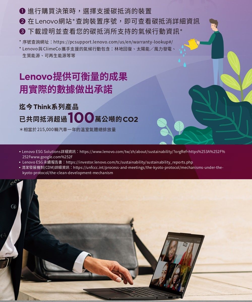 進行購買決策時,選擇支援碳抵消的裝置 在Lenovo網站*查詢裝置序號,即可查看碳抵消詳細資訊 下載證明並查看您的碳抵消所支持的氣候行動資訊** 序號查詢網址:https://pcsupport.lenovo.com/us/en/warranty-lookup#/* Lenovo 與 ClimeCo攜手支援的氣候行動包含:林地回復、太陽能/風力發電、生質能源、可再生能源等等Lenovo提供可衡量的成果用實際的數據做出承諾迄今Think系列產品已共同抵消超過100萬公噸的 CO2*相當於215,000輛汽車一年的溫室氣體總排放量 Lenovo ESG Solutions詳細資訊: https://www.lenovo.com/tw/zh/about/sustainability/?orgRef=https%253A%252F%252Fwww.google.com%252FLenovo ESG永續報告書:https://investor.lenovo.com/tc/sustainability/sustainability_reports.php清潔發展機制(CDM)詳細資訊:https://unfccc.int/process-and-meetings/the-kyoto-protocol/mechanisms-under-the-kyoto-protocol/the-clean-development-mechanism