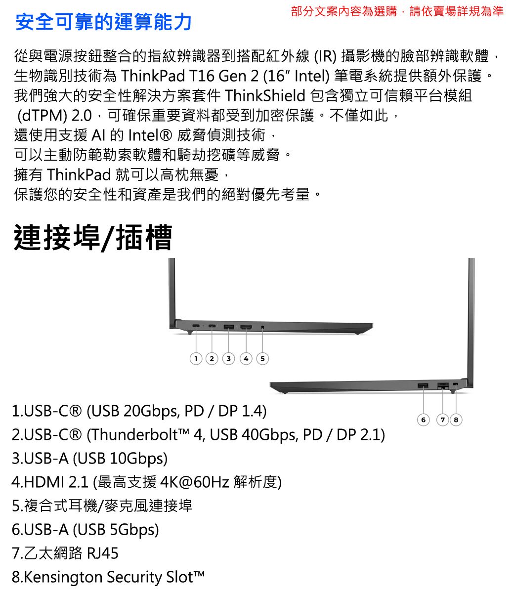 安全可靠的運算能力部分文案內容為選購,請依賣場詳規為準從與電源按鈕整合的指紋辨識器到搭配紅外線 IR) 攝影機的臉部辨識軟體生物識別技術為 ThinkPad T16 Gen 2 (16 Intel) 筆電系統提供額外保護我們強大的安全性解決方案套件 ThinkShield 包含獨立可信賴平台模組(dTPM) 2.0,可確保重要資料都受到加密保護。不僅如此,還使用支援 AI 的 Intel® 威脅偵測技術,可以主動防範勒索軟體和騎劫挖礦等威脅。擁有 ThinkPad 就可以高枕無憂,保護您的安全性和資產是我們的絕對優先考量。連接埠/插槽1 251.USB-C® (USB 20Gbps, PD/DP 1.4)2.USB-C® (Thunderbolt 4, USB 40Gbps, PD / DP 2.1)3.USB-A (USB 10Gbps)4.HDMI 2.1 (最高支援 4K@60Hz 解析度)5.複合式耳機/麥克風連接埠6.USB-A (USB 5Gbps)7.乙太網路 RJ458.Kensington Security Slott8