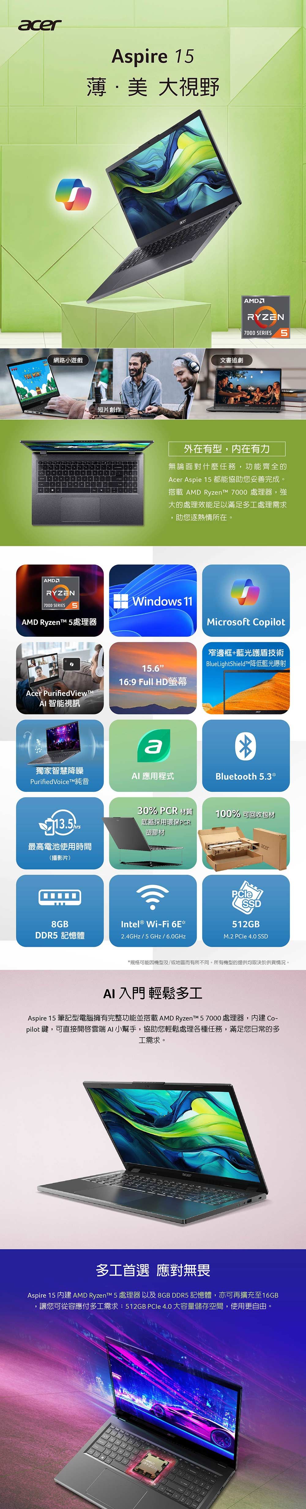 Aspire 1薄美 大視野網路小遊戲YOU WIN短片創作acerRYZEN文書追劇7000 SERIES外在有型,内在有力無論面對什麼任務,功能齊全的Acer Aspie 15 都能協助您妥善完成。搭載 AD  7000 處理器,強大的處理效能足以滿足多工處理需求,助您逐熱情所在。AMDRYZEN 7000 SERIES 5AMD  5處理器Windows 11Microsoft Copilot窄邊框+藍光護盾技術Acer Purified ViewM 智能視訊15.616:9 Full HD螢幕BlueLightShieldT降低藍光射a 應用程式Bluetooth 5.3*PurifiedVoiceTM純音獨家智慧降噪30% PCR 材質底蓋採用環保PCR塑膠材100% 可回收包材acer最高電池使用時間(播影片)SSD8GBDDR5 記憶體Intel ® Wi-Fi 6E*512GB2.GHz/5GHz/6.0GHzM.2 PCle 4.0 SSD*規格可能因機型及/或地區而有所不同。所有機型的提供均取決於供貨情況。AI 入門 輕鬆多工Aspire 15 筆記型電腦擁有完整功能並搭載AMD 57000 處理器,內建 pilot 鍵,可直接開啟雲端 AI 小幫手,協助您輕鬆處理各種任務,滿足您日常的多工需求。acer多工首選 應對無畏Aspire 15 内建 AMD RyzenTM 5 處理器 以及 8GB DDR5 記憶體,亦可再擴充至16GB讓您可從容應付多工需求;512GB PCIe 4.0 大容量儲存空間,使用更自由