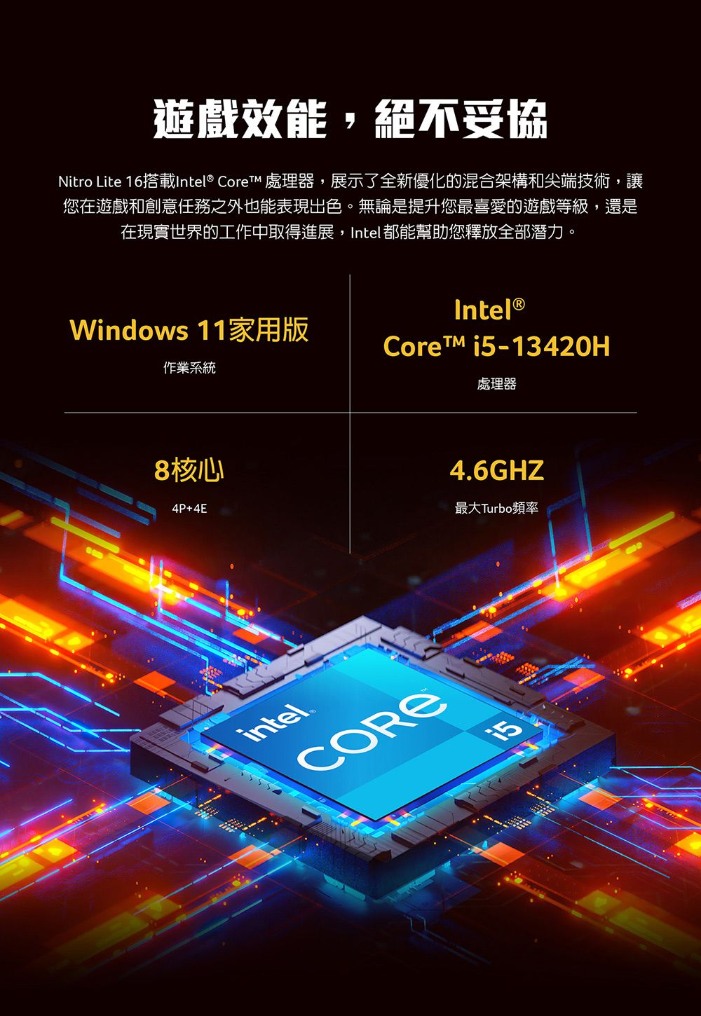 遊戲效能,絕不妥協Nitro Lite 16搭載Intel® Core 處理器,展示了全新優化的混合架構和尖端技術,讓您在遊戲和創意任務之外也能表現出色。無論是提升您最喜愛的遊戲等級,還是在現實世界的工作中取得進展,Intel 都能幫助您釋放全部潛力。Intel®Windows 家用版CoreT™ i-13420H作業系統處理器8核心4P+4E4.6GHZ最大Turbo頻率intel®CORE5