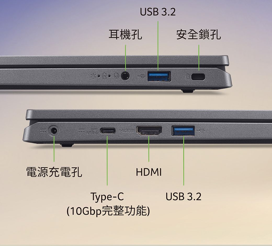 電源充電孔USB 3.2耳機孔安全鎖孔Type-CHDMI(10Gbp完整功能)USB 3.2