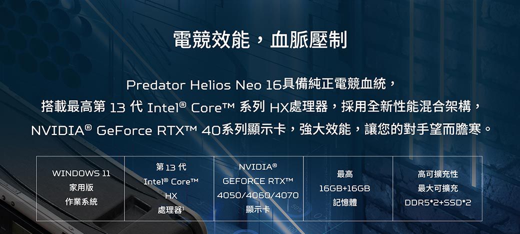 電競效能,血脈壓制Predator Helios Neo 16具備純正電競血統,搭載最高第 13 Intel®  系列 HX處理器,採用全新性能混合架構,NVIDIA® GeForce  40系列顯示卡,強大效能,讓您的對手望而膽寒。第13 代NVIDIA®WINDOWS 11最高高可擴充性Intel® CoreGEFORCE RTX家用版16GB+16GBHX4050/4060/4070作業系統記憶體最大可擴充DDR5*2+SSD*2處理器顯示卡