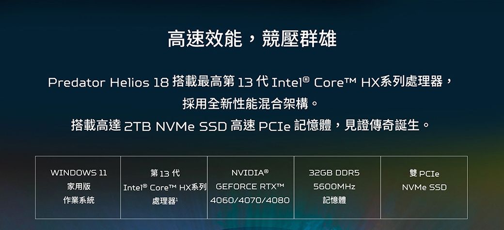 高速效能,壓群雄Predator Helios 18 搭載最高第   Intel® Core HX系列處理器,採用全新性能混合架構。搭載高達 2TB NVMe SSD 高速 PCIe 記憶體,見證傳奇誕生。WINDOWS 11第 13 代NVIDIA®32GB DDR5雙 PCIe家用版作業系統Intel®  HX處理器GEFORCE RTX5600MHzNVMe SSD4060/4070/4080記憶體