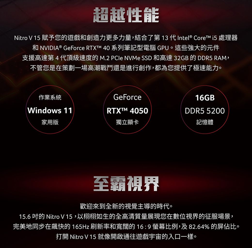 超越性能Nitro V 15 賦予您的遊戲創造力更多力量,結合了第 13 代Intel® Core  處理器和 NVIDIA® GeForce  40 系列筆記型電腦 GPU。這些強大的元件支援高達第4代頂級速度的M.2  NVMe SSD 和高達 32GB 的 DDR5 RAM,不管您是在策劃一場高潮戰鬥還是進行創作,都為您提供了極速能力。作業系統GeForce16GBWindows 11家用版RTXTM 4050獨立顯卡DDR5 5200記憶體至霸視界歡迎來到全新的視覺主導的時代。15.6 的 Nitro V15,以栩栩如生的全高清質量展現您在數位視界的征服場景,完美地同步在飆快的165Hz刷新率和寬闊的16:9螢幕比例,及82.64%的屏佔比。打開 Nitro V 15 就像開啟通往遊戲宇宙的入口一樣。