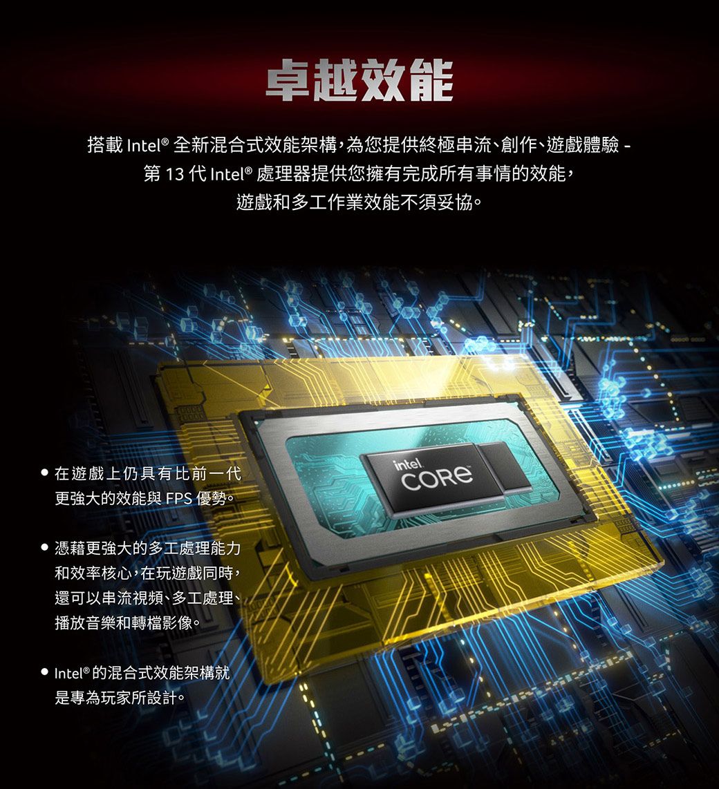 卓越效能搭載 Intel® 全新混合式效能架構,為您提供終極串流、創作、遊戲體驗-第 13 代Intel ® 處理器提供您擁有完成所有事情的效能,遊戲和多工作業效能不須妥協。在遊戲上仍具有比前一代更強大的效能與 FPS 優勢。intelCORE憑藉更強大的多工處理能力和效率核心,在玩遊戲同時,還可以串流視頻、多工處理、播放音樂和轉檔影像。 Intel® 的混合式效能架構就是專為玩家所設計。