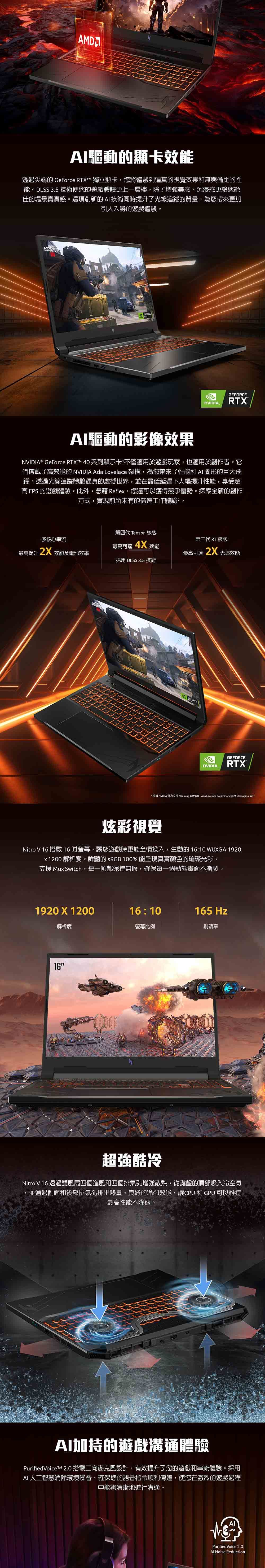 AMDAI驅動的顯卡效能透過尖端的 GeForce T 獨立顯卡您將體驗到逼真的視覺效果和無與倫比的性能。 。DLSS 35 技術使您的遊戲體驗更上一層樓,除了增強美感、沉浸感更給您絕佳的場景真實感。這項創新的AI技術同時提升了光線追蹤的質量,為您帶來更加引人入勝的遊戲體驗。GEFORCERTX.GEFORCERTXAI驅動的影像效果® GeForce RTXTM 40 系列顯示卡,不僅適用於遊戲玩家,也適用於創作者。它們搭載了高效能的 NVIDIA Ada Lovelace 架構,為您帶來了性能和AI 圖形的巨大飛躍。透過光線追蹤體驗逼真的虛擬世界,並在最低延遲下大幅提升性能,享受超高 FPS 的遊戲體驗。此外,憑藉 Reflex,您還可以獲得競爭優勢。探索全新的創作方式,實現前所未有的倍速工作體驗。第四代 Tensor 核心第三代 RT 核心多核心串流最高可達最高提升 效能及電池效率 效能最高可達 2X 光追效能採用 DLSS 3.5 技術GEFORCENVIDIA.RTX* 根據 NVIDIA 官方文件 Gaming GTMK O- Ada Lovelace Preliminary OEM Messaging.pdf炫彩視覺Nitro V 16 搭載 16吋螢幕,讓您遊戲時更能全情投入,生動的 16:10 WUXGA 1920x1200 解析度。鮮豔的 sRGB 100% 能呈現真實顏色的璀璨光彩。支援 Mux Switch,每一幀都保持無瑕,確保每一個動態畫面不撕裂。1920 X 1200解析度16