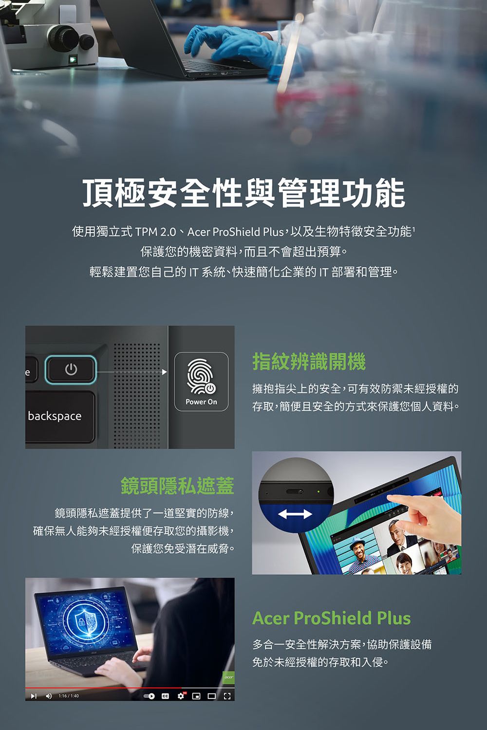 e頂極安全性與管理功能使用獨立式 TPM 2.0、Acer ProShield Plus,以及生物特徵安全功能保護您的機密資料,而且不會超出預算。輕鬆建置您自己的IT系統、快速簡化企業的IT部署和管理。backspace指紋辨識開機Power On擁抱指尖上的安全,可有效防禦未經授權的存取,簡便且安全的方式來保護您個人資料。鏡頭隱私遮蓋鏡頭隱私遮蓋提供了一道堅實的防線,確保無人能夠未經授權便存取您的攝影機,1:16/1:40保護您免受潛在威脅。Acer ProShield Plus多合一安全性解決方案,協助保護設備免於未經授權的存取和入侵。