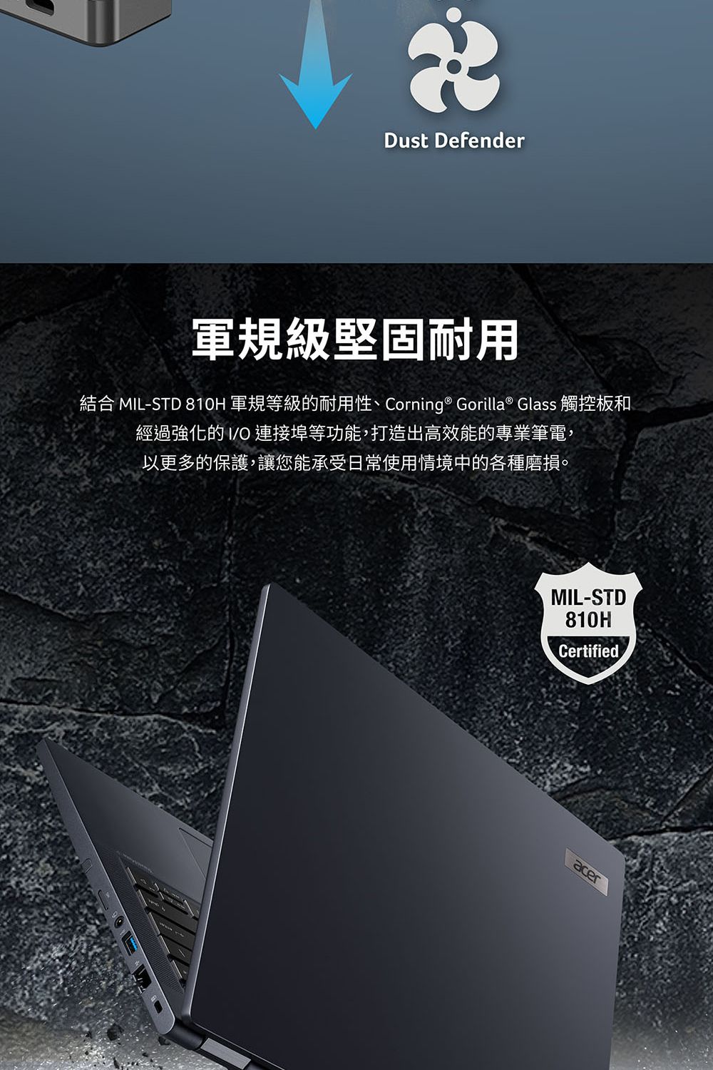 Dust Defender軍規級堅固耐用結合 ML-STD 810H 軍規等級的耐用性、Corning ® Gorilla® Glass 觸控板和經過強化的 IO 連接埠等功能,打造出高效能的專業筆電,以更多的保護,讓您能承受日常使用情境中的各種磨損。MIL-STD810HCertifiedacer