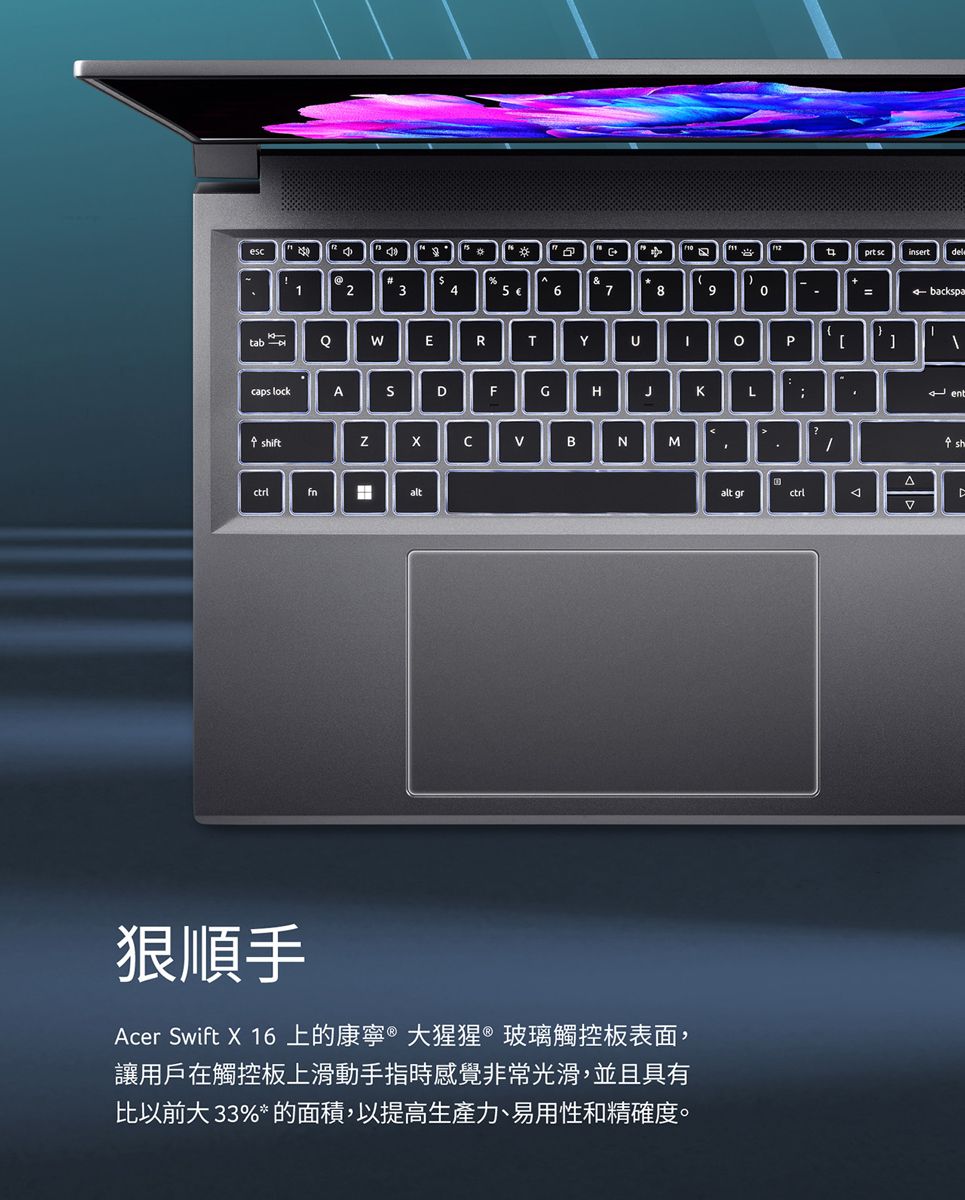 e scinsertdee1235€6789=bacspaktab ERTYPcaps lockAFGJKL shiftBNMctrlHalt順手Acer Swift X 16上的康寧 大猩猩®玻璃觸控板表面,讓用戶在觸控板上滑動手指時感覺非常光滑,並且具有比以前大33%* 的面積,以提高生產力、易用性和精確度。alt grctrll ent4 shΔD