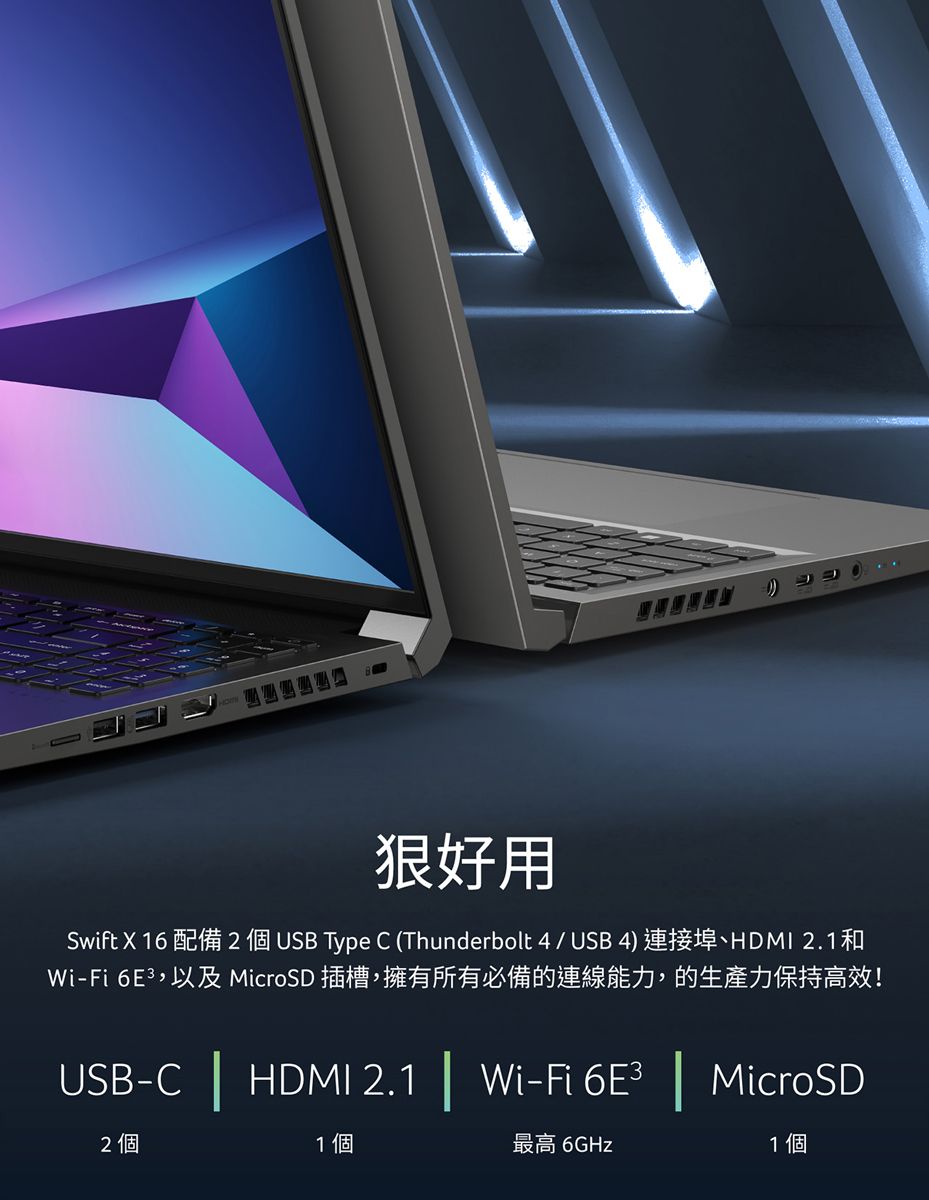 狠好用Swift  16 配備2 個USB Type C (Thunderbolt 4/USB4)連接埠、HDMI 2.1和Wi-Fi 6E3,以及MicroSD插槽,擁有所有必備的連線能力,的生產力保持高效!USB-C | HDMI 2.1 | Wi-Fi6E | MicroSD2個1個最高 6GHz1 個