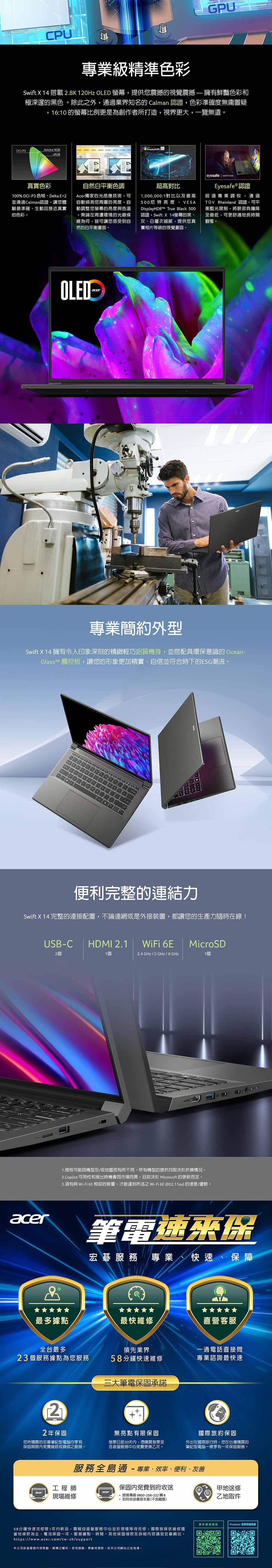 CPUGPU專業級精準色彩Swift  14 搭載 2.8K 120Hz OLED 螢幕提供您震撼的視覺震撼 擁有鮮豔色彩和極深邃的黑色。除此之外,通過業界知名的 Calman 認證,色彩準確度無庸置疑,16:10 的螢幕比例更是為創作者所打造,視界更大,一覽無遺。DCI-P3Adobe RGB 2      000DisplayHDR真實色彩100% DCI-P3 色域Delta E<2並通過Calman認證,讓您體驗最準確、生動且接近真實的色彩。自然白衡色調Acer獨家的光感應技術,可自動偵測您周圍的亮度,自動調整您螢幕的亮度與色溫,無論在周遭環境的光線條線為何,皆可讓您感受到自然的白平衡畫面。超高對比1,000,000:1對比以及最高500尼特亮度、VESADisplayHDRT True Black 500認證,Swift X 14螢幕的黑、灰、白層次細膩,提供您真實相片等級的視覺畫面。eyesafe Eyesafe® 認證經過專業調校,通過TÜV Rheinland 認證,可平衡藍光限制,將眼部負擔降至最低,可更舒適地長時間觀看。OLED專業簡約外型Swift X 14 擁有令人印象深刻的精緻輕巧鋁質機身,並搭配具環保意識的 Ocean-GlassTM 觸控板,讓您的形象更加精實、自信並符合時下的ESG潮流。便利完整的連結力Swift X 14 完整的連接配置,不論連網或是外接裝置,都讓您的生產力隨時在線!USB-C HDMI 2.12個1個WiFi 6E MicroSD2.4 GHz/5 GHz/6GHz1個1. 規格可能因機型及/或地區而有所不同。所有機型的提供均取決於供貨情況。2.Copilot 可用性和推出時機會因市場而異,且取決於 Microsoft 的更新而定。3.須有與 Wi-Fi 6E 相容的裝置,才能達到所述之 Wi-Fi 6E (802.11ax)的速度/優勢。r筆電速來保宏碁服務 專業、快速、保障+最多據點最快維修直營客服全台最多領先業界一通電話直接問23個服務據點為您服務58分鐘快速維修專業諮詢最快速三大筆電保固承諾22年保固您所購買的宏碁筆記型電腦均享有保固期限免費維修或換修之服務。無亮點有限保固發票日起30天内,憑購買發票至各直營服務中心免費更換乙次。國際旅約保固外出在國際旅行時,您在台灣購買的筆記型電腦一樣享有一年保固服務。服務全島通-專業、效率、便利、友善工程師ace現場維修保固內免費到府收送服務專線 0800-258-222 轉 8 到府收送僅限本島(不含離島)甲地送修乙地取件58分鐘快速完修限1年內新品,需親自直營服務中心並於現場等待完修:國際旅保依維修國當地條款為主電池保固一年。服務據點、時間、其他保固條款及詳細內容請見宏碁網站。https://www.acer.com/tw-zh/support本公司保留服務內容異動、解釋之權利,若有誤植、異動或更新,依本公司網站公告為準。更多服務Predator 延長保固