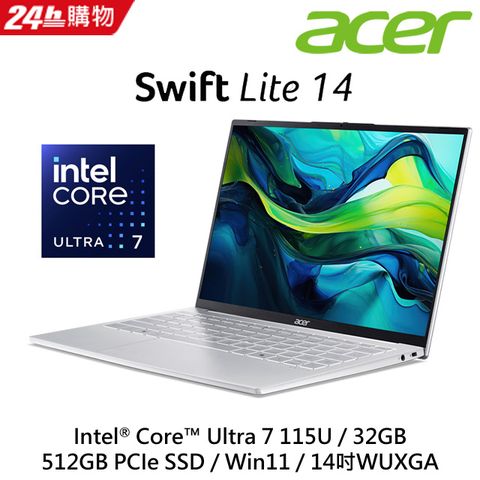 ACER 宏碁 【M365組】Swift Lite 14吋 極輕薄999g AI效能筆電銀色(Ultra 7 115U/32GB/512GB/W11/SFL14-54M-760F)