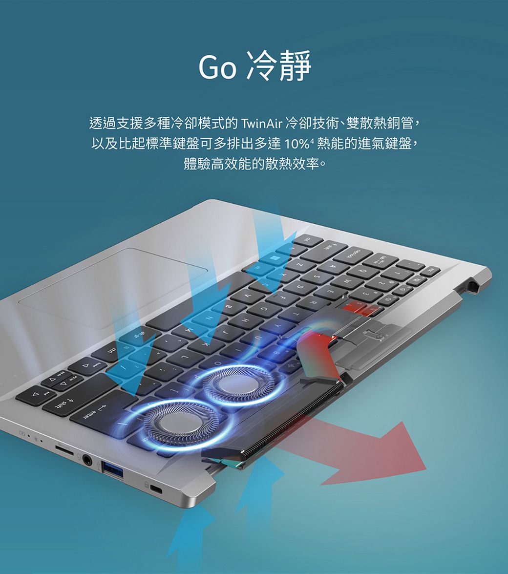 Go 冷靜透過支援多種冷卻模式的 TinAir 冷卻技術、雙散熱銅管,以及比起標準鍵盤可多排出多達10%熱能的進氣鍵盤,體驗高效能的散熱效率。4mw