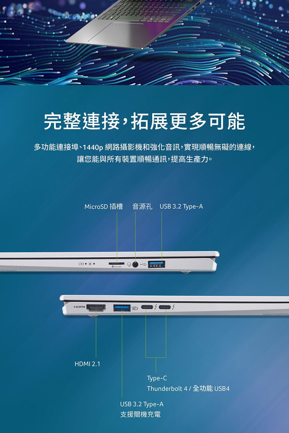 完整連接,拓展更多可能多功能連接埠、1440p 網路攝影機和強化音訊,實現順暢無礙的連線,讓您能與所有裝置順暢通訊,提高生產力。 插槽 音源孔 USB 3.2 Type-AMicroSDHDMI 2.1Type-CThunderbolt 4 / 全功能 USB4USB 3.2 Type-A支援關機充電