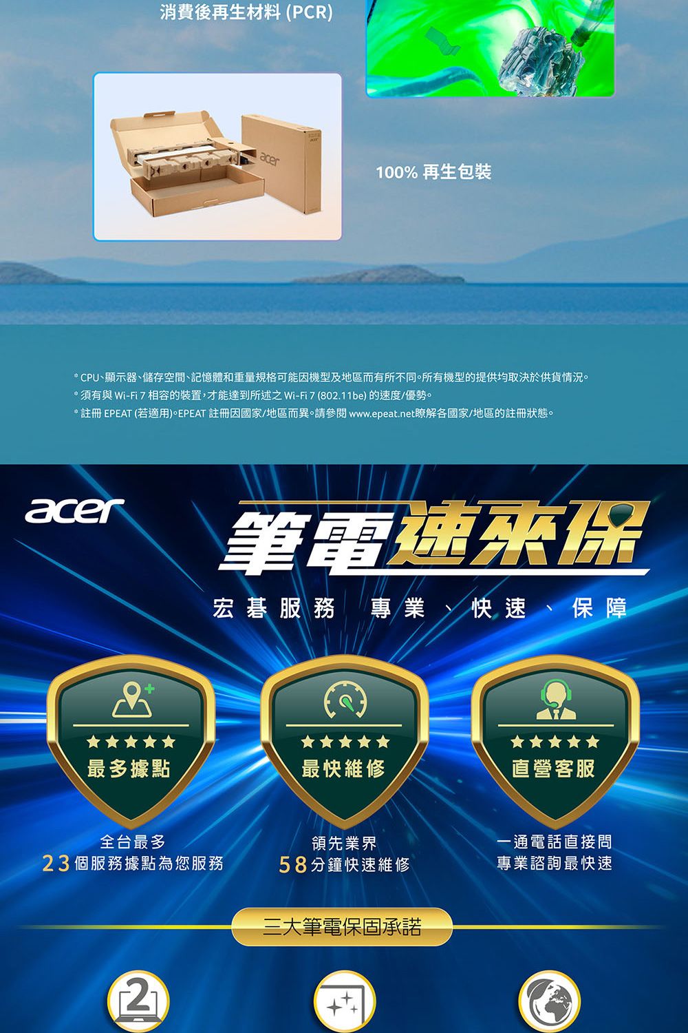 消費後再生材料 (PCR)acer100% 再生包裝*CPU顯示器、儲存空間、記憶體和重量規格可能機型及地區而有所不同。所有機型的提供均取決於供貨情況。*須有與Wi-Fi7相容的裝置,才能達到所述之Wi-Fi7 (802.11be)的速度/優勢。* 註冊 EPEAT (若適用)。EPEAT 註冊因國家/地區而異。請參閱www.epeat.net瞭解各國家/地區的註冊狀態。acer筆電速來保宏碁服務 專業、快速、保障最多據點最快維修直營客服全台最多23個服務據點為您服務2領先業界58分鐘快速維修三大筆電保固承諾一通電話直接問專業諮詢最快速
