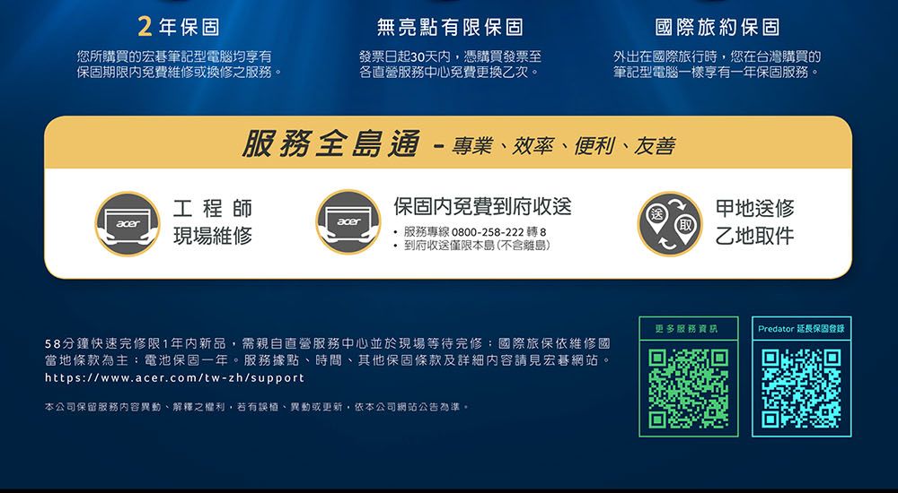 2年保固無亮點有限保固您所購買的宏碁筆記型電腦均享有保固期限內免費維或換修之服務。發票日起30天内憑購買發票至各直營服務中心免費更換乙次。國際旅約保固外出在國際旅行時,您在台灣購買的筆記型電腦一樣享有一年保固服務。服務全島通 -專業效率、便利、友善工程師保固內免費到府收送acer現場維修 服務專線 0800-258-222轉8 到府收送僅限本島(不含離島)地送修乙地取件58分鐘快速完修限1年内新品,需親自直營服務中心並於現場等待完修國際旅保依維修國當地條款為主:電池保固一年。服務據點、時間、其他保固條款及詳細內容請見宏碁網站。https://www.acer.com/tw-zh/support本公司保留服務內容異動、解釋之權利,若有誤植、異動或更新,依本公司網站公告為準。更多服務資Predator 延長保固登錄造