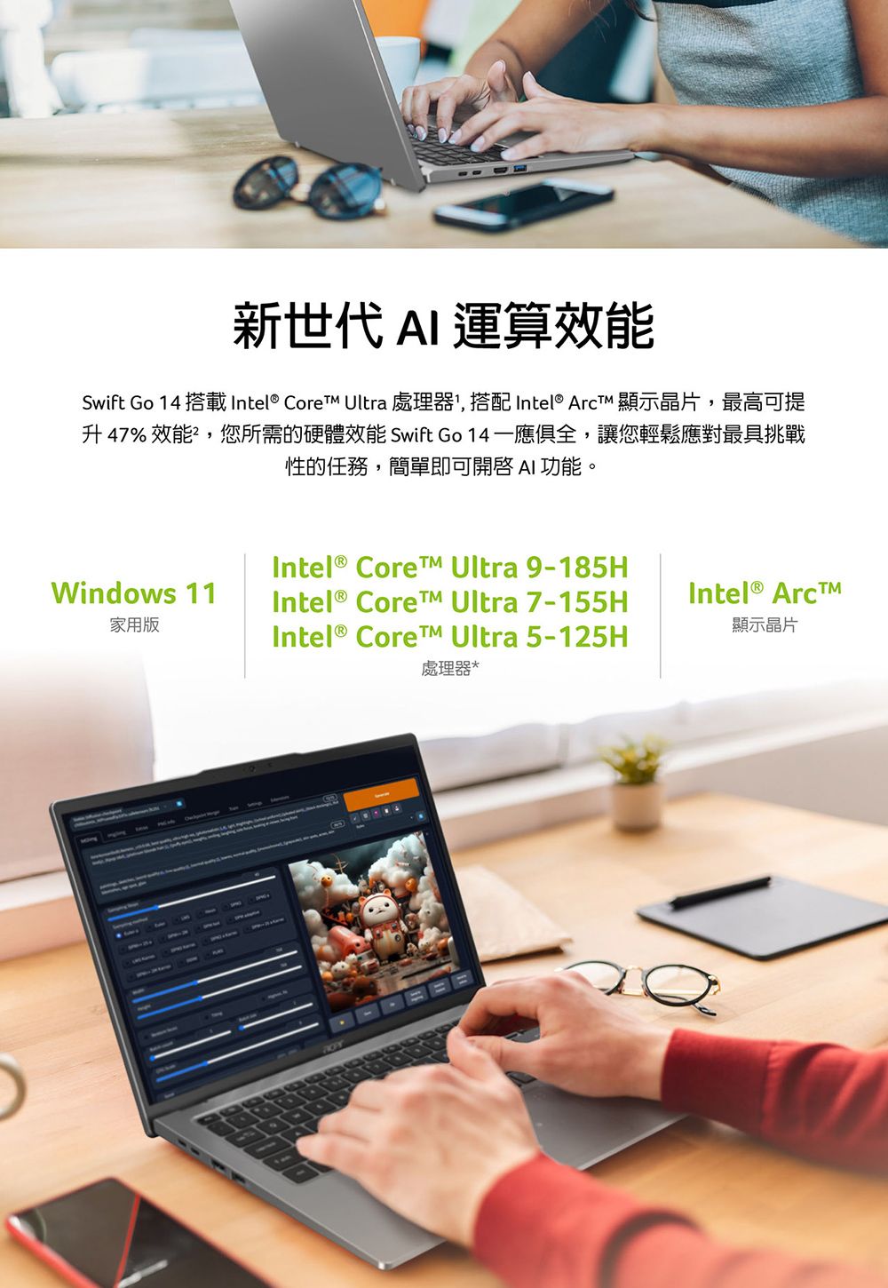 新世代  運算效能Swift Go  搭載 Intel® Core Ultra 處理器,搭配 Intel®  顯示晶片,最高可提升47% 效能,您所需的硬體效能 Swift Go 14,讓您輕鬆應對最具挑戰性的任務,簡單即可 AI 功能。Intel®  Ultra 9-185HWindows 11家用版Intel® Core Ultra 7-155HIntel® Arc顯示晶片Intel® Core Ultra 5-125H處理器*