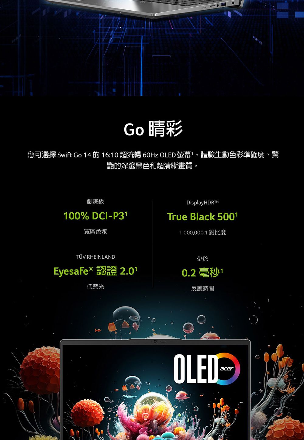 Go 睛彩您可選擇 Swift Go 4 的 16:10 超流暢 60Hz OLED 螢幕,體驗生動色彩準確度、驚艷的深邃黑色和超清晰畫質。劇院級DisplayHDR100% DCI-P31True Black 5001寬廣色域1,000,000:1 對比度TÜV RHEINLANDEyesafe ® 認證 2.01低藍光少於0.2 毫秒 1反應時間OLEDacer