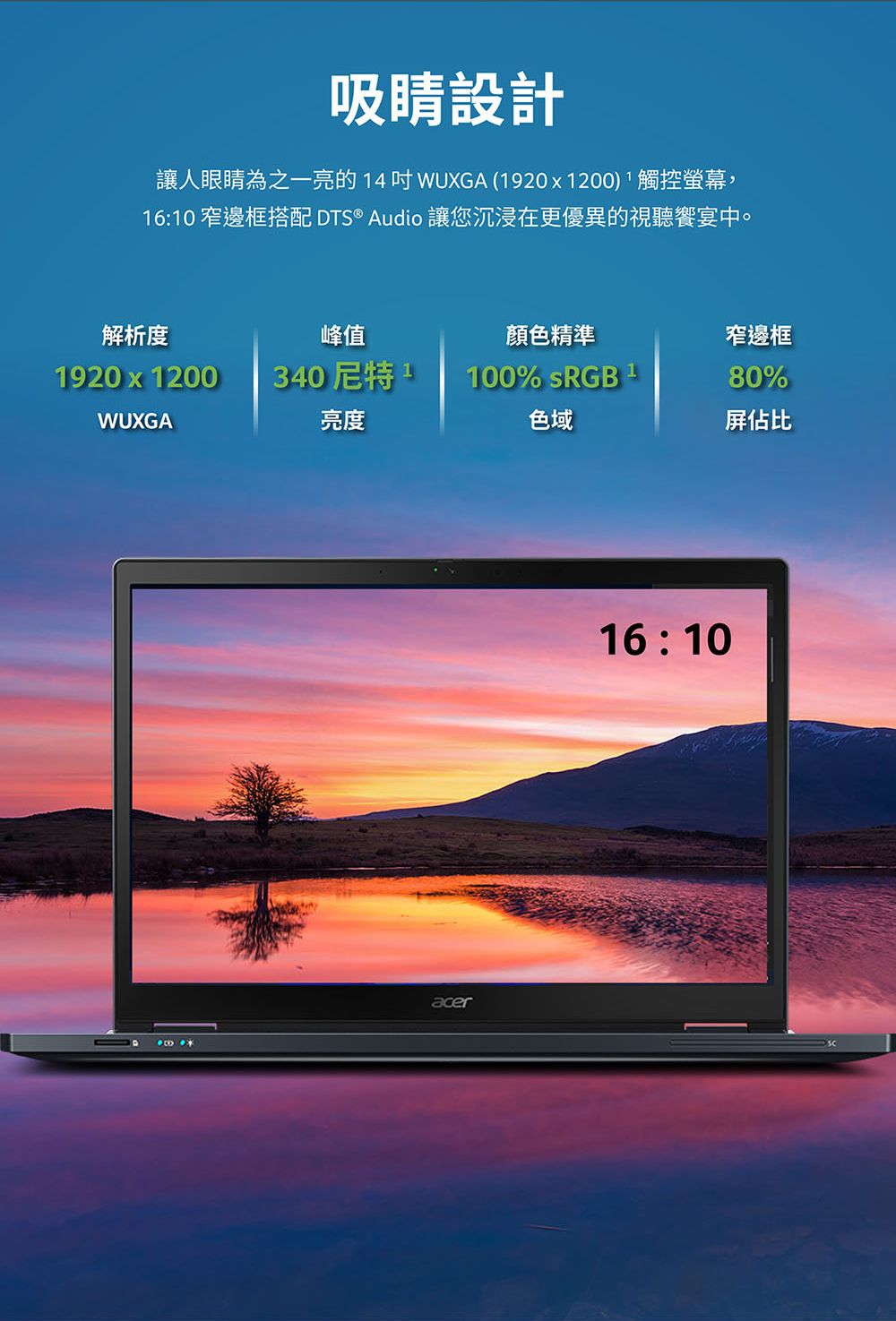 吸睛設計讓人眼睛為之一 4 WUXGA (20x1200)觸控螢幕,16:10 窄邊框搭配 DTS® Audio 讓您沉浸在更優異的視聽宴中解析度1920x1200WUXGA19 峰值顏色精準窄邊框340尼特 1100% SRGB 80%亮度色域屏佔比acer16:10