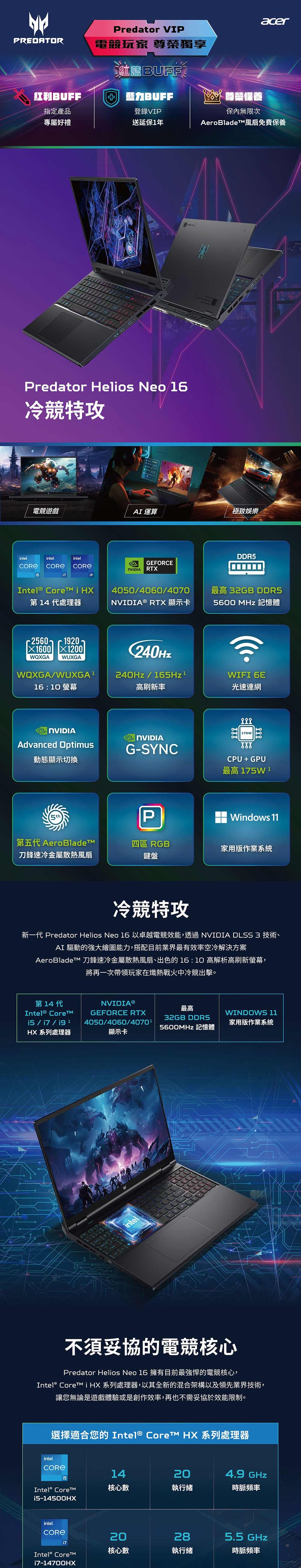 PREDARPredator VIP電競玩家 尊榮獨享紅acerBUFF尊榮保養指定產品登錄VIP保無限次專屬好禮送延保1年風扇免費保養Predator Helios Neo16冷競特攻電競遊戲AI 運算極致娛樂intelintelintelGEFORCENVIDIA RTXDDR5Intel®  iHX第 14 代處理器4050/4060/4070NVIDIA® RTX 顯示卡最高 32GB DDR55600 MHz 記憶體 19201200WQXGA WUXGAWQXGA/C240Hz240Hz/165HzWIFI 6E16:10 螢幕高刷新率光速連網NVIDIAAdvanced Optimus動態顯示切換- 175WTONVIDIAG-SYNCCPU + GPU最高 175W 1第五代 AeroBladeTMPWindows 11四區 RGB家用版作業系統刀鋒速冷金屬散熱風扇鍵盤冷競特攻新一代 Predator Helios Neo 16 以卓越電競效能,透過 NVIDIA DLSS 3 技術、AI 驅動的強大繪圖能力,搭配目前業界最有效率空冷解決方案AeroBladet 刀鋒速冷金屬散熱風扇、出色的16:10 高解析高刷新螢幕,將再一次帶領玩家在熾熱戰火中冷競出擊。第14代Intel® CoreTM//i9NVIDIA®GEFORCE RTX4050/4060/4070¹最高32GB WINDOWS 11家用版作業系統5600MHz 記憶體HX 系列處理器顯示卡intel不須妥協的電競核心Predator Helios Neo 16 擁有目前最強悍的電競核心,Intel® CoreiHX 系列處理器,以其全新的混合架構以及領先業界技術,讓您無論是遊戲體驗或是創作效率,再也不需妥協於效能限制。intel.選擇適合您的 Intel® Core HX 系列處理器14204.9GHzIntel® CoretM核心數執行緒時脈頻率i5-14500HXintel.20285.5 GHzi7核心數執行緒時脈頻率Intel® CoreTMi7-14700HX