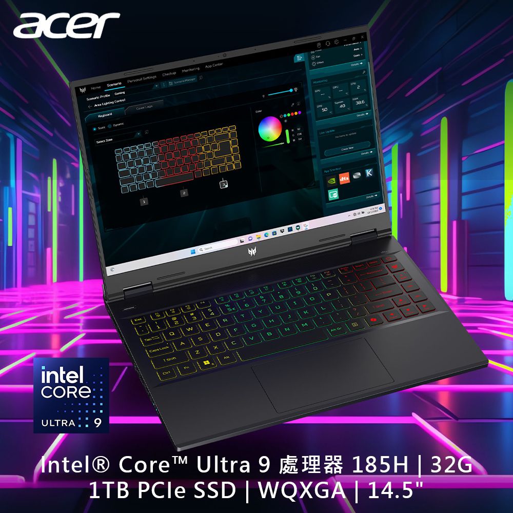 ACER 宏碁 Predator 14.5吋 AI電競筆電黑色(Ultra 9 185H/32GB/1TB/RTX 4070-8G/WIN11/PHN14-51-980B)