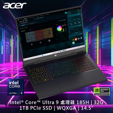 ACER 宏碁 Predator 14.5吋 AI電競筆電黑色(Ultra 9 185H/32GB/1TB/RTX 4070-8G/WIN11/PHN14-51-980B)