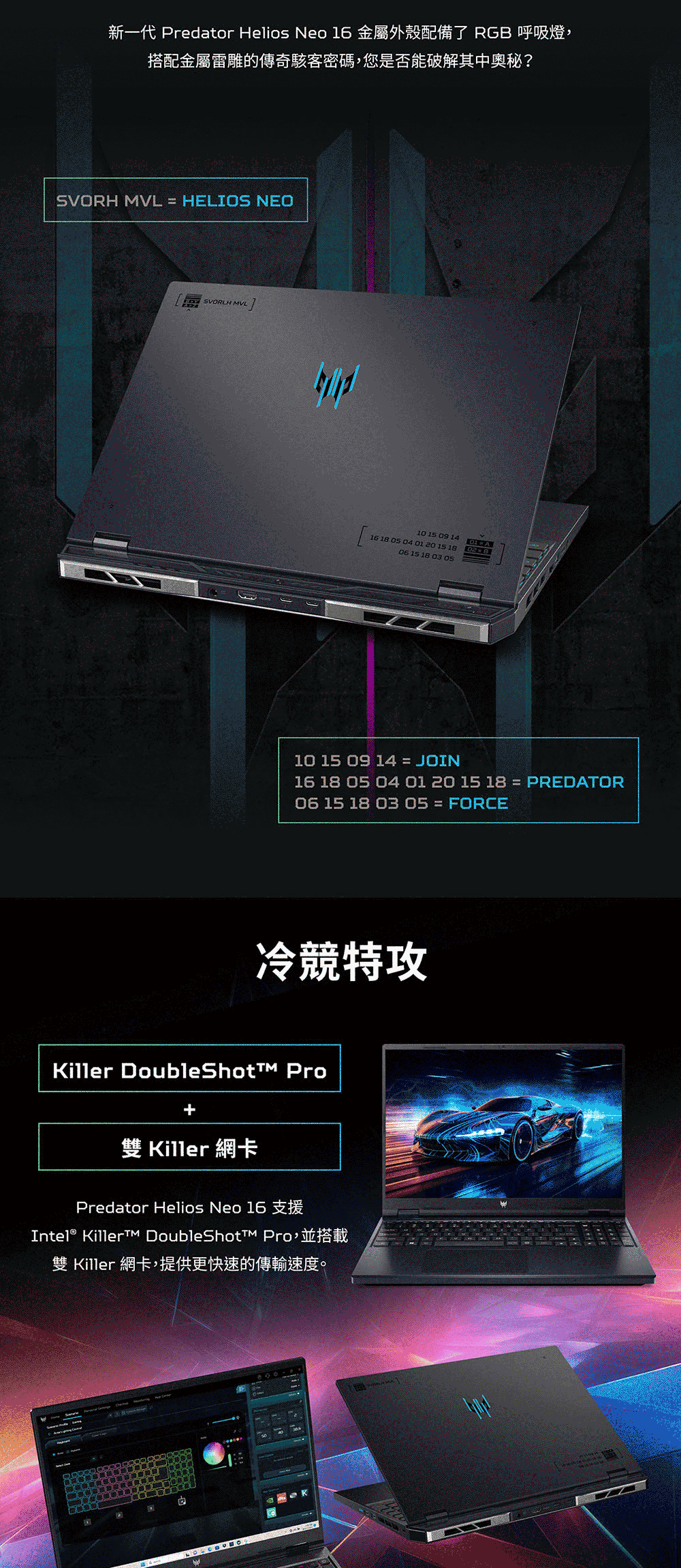 新一代 Predator Helios Neo 16 金屬外殼配備了 RGB 呼吸燈搭配金屬雷雕的傳奇駭客密碼,您是否能破解其中奥秘?SVORH MVL = HELIOS NEO SVORLH MVL16 18  04 01 20 15 1806 15 18 03 10 15 09 14= JOIN16 18  04 01 20 15 18 = PREDATOR05 15 18 0305 = FORCE冷競特攻iller DoubleShot Pro+雙 Killer 網卡Predator Helios Neo 16 支援Intel® Killert DoubleShott Pro,並搭載雙 Killer 網卡,提供更快速的傳輸速度。K