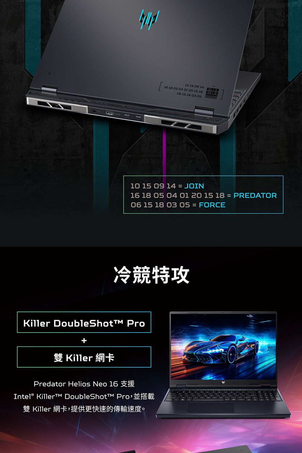 10 15 09 1401A 18  04 01 20 15 1806 15 18 03 0510 15 09 14  JOIN16 18 05 04 01 20 15 18  PREDATOR06 15 18 03 05  FORCE冷競特攻Killer DoubleShotTM + Killer 網卡Predator Helios Neo 16 Killer DoubleShot Pro雙 Killer 網卡,提供更快速的傳輸速度。