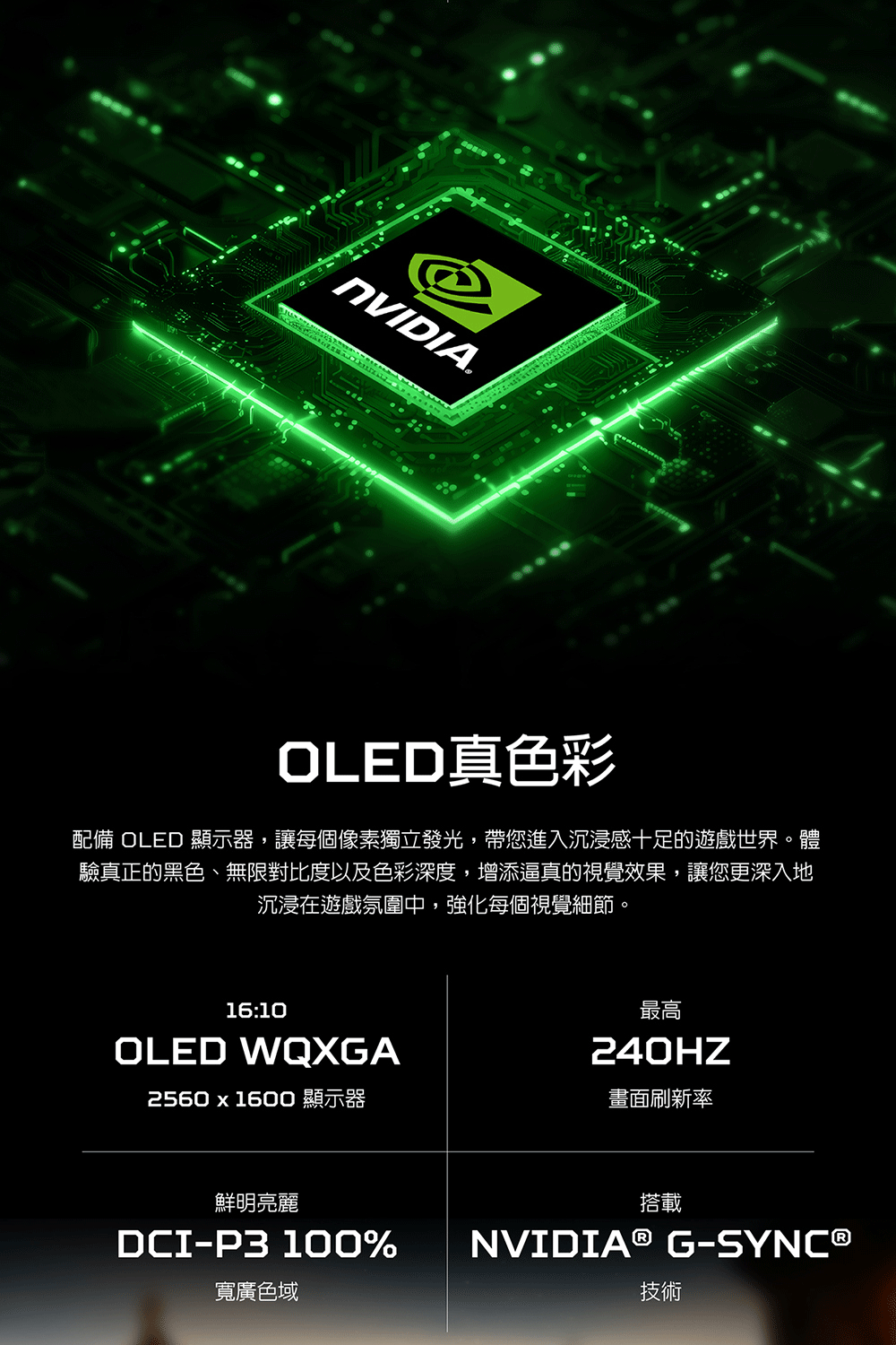 NVIDIA.OLED真色彩配備 OLED 顯示器,讓每個像素獨立發光,帶您進入沉浸感十足的遊戲世界。體驗真正的黑色、無限對比度以及色彩深度,增添逼真的視覺效果,讓您更深入地沉浸在遊戲氛圍中,強化每個視覺細節。16:10OLED WQXGA最高240HZ2560 x 1600 顯示器畫面刷新率鮮明亮麗搭載DCI-P3 100%NVIDIA® G-SYNC®寬廣色域技術