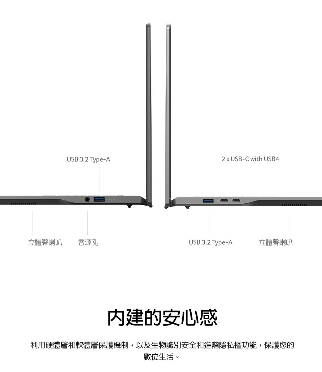 USB 3.2 Type-A USB-C with USB4立體聲喇叭音源孔USB 3.2 Type-A立體聲喇叭内建的安心感利用硬體層和軟體層保護機制,以及生物識別安全和進階隱私權功能,保護您的數位生活。