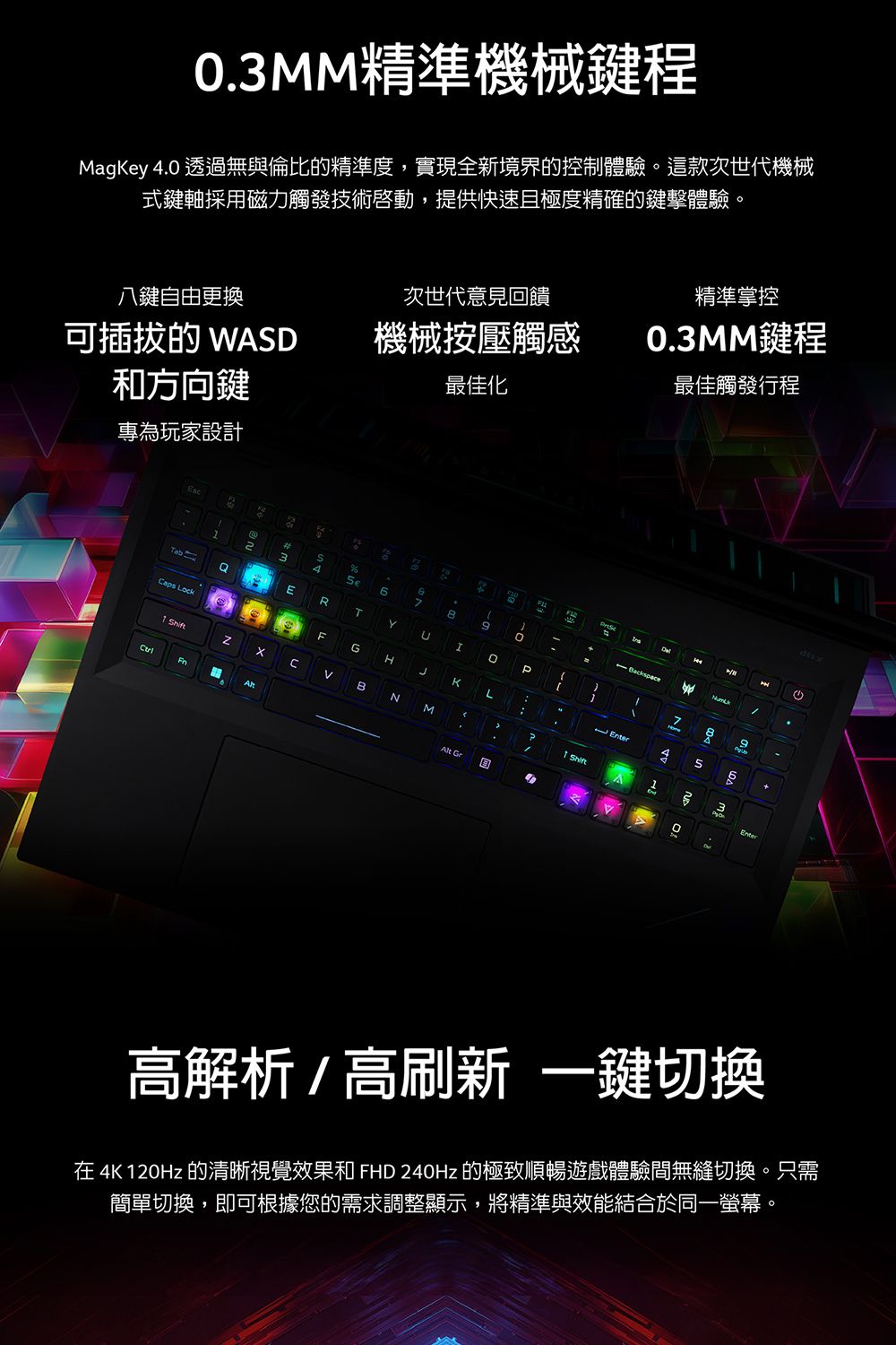 MM精準機械鍵程Magy .0 透過無與倫比的精準度,實現全新境界的控制體驗這款次世代機械式鍵軸採用磁力觸發技術啓動,提供快速且極度精確的鍵擊體驗。八鍵自由更換次世代意見回饋精準掌控可插拔的 WASD機械按壓觸感0.3MM鍵程和方向鍵最佳化最佳觸發行程專為玩家設計TabeS%23467ERTI0FGJKL BNM.Alt  H345. 3Enter。高解析/高刷新 一鍵切換在 4K 120Hz 的清晰視覺效果和 FHD 240Hz 的極致順暢遊戲體驗無縫切換。只需簡單切換,即可根據您的需求調整顯示,將精準與效能結合於同一螢幕。
