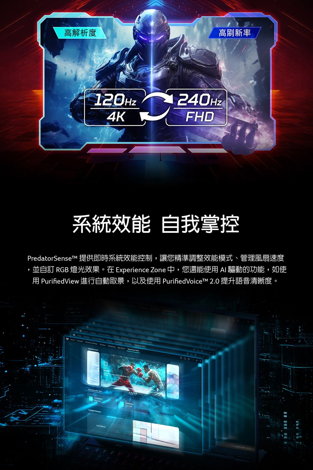 高解析度高刷新率120Hz4KFHD系統效能 自我掌控redatorSenseTM 提供即時系統效能控制,讓您精準調整效能模式、管理風扇速度並自 RGB 燈光效果。在 Experience Zone 中,您還能使 AI 驅動的功能,如使用 PurifiedView 進行自動取景,以及使用 PurifiedVoicet 2.0 提升語音清晰度。PB