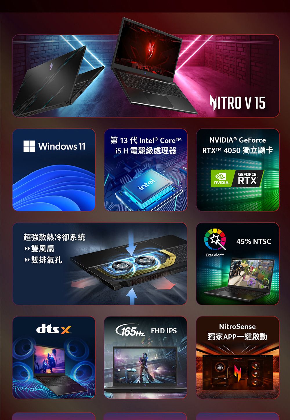 Windows 11第 13 代Intel®  H 電競級處理器超強散熱冷卻系統雙風扇 雙排氣孔intelNITRO V 15NVIDIA® GeForceRTXTM 4050 獨立顯卡NVIDIA.GEFORCERTXExaColor45% NTSCNitroSense165Hz FHD IPS獨家APP一鍵啟動