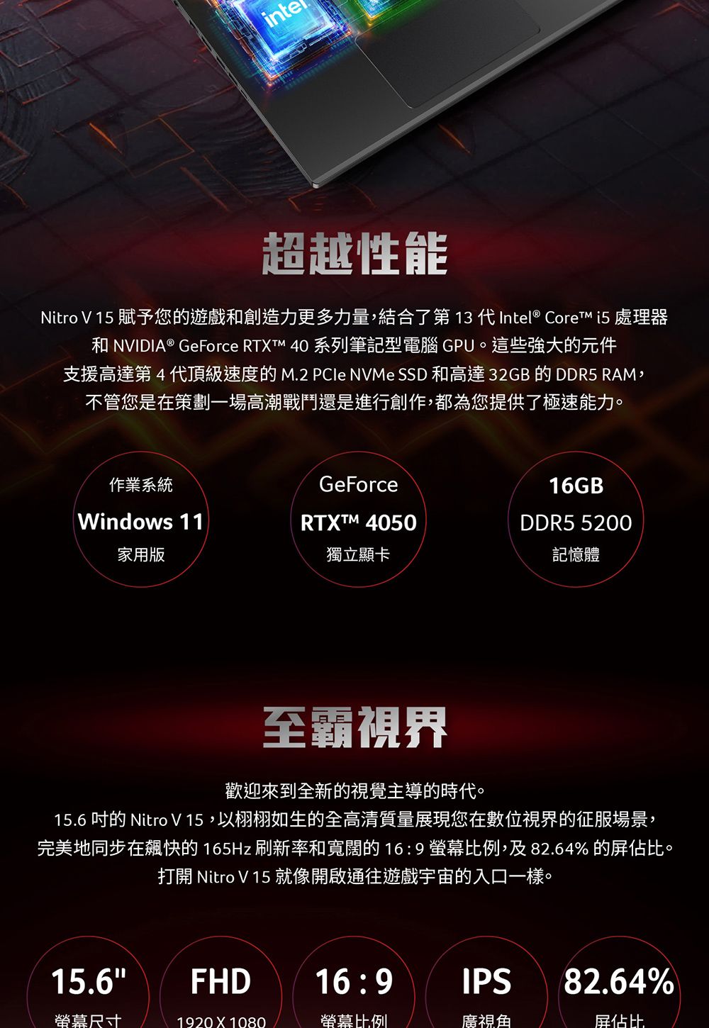 inte超越性能Nitro V 15 賦予您遊戲創造力更多力量,結合了第13 代Intel® Core  處理器和 NVIDIA® GeForce RTT 40 系列筆記型電腦 GPU。這些強大的元件支援高達第4代頂級速度的M.2 PCIe NVMe SSD 和高達 32GB 的DDR5 RAM,不管您是在策劃一場高潮戰鬥還是進行創作,都為您提供了極速能力。作業系統GeForce16GBWindows 11家用版RTXTM 4050獨立顯卡DDR5 5200記憶體至霸視界歡迎來到全新的視覺主導的時代。15.6 的 Nitro V15,以栩栩如生的全高清質量展現您在數位視界的征服場景,完美地同步在飆快的165Hz刷新率和寬闊的16:9 比例,及82.64%的屏佔比。打開 Nitro V 15 就像開啟通往遊戲宇宙的入口一樣。15.6FHD16:9IPS82.64%螢幕尺寸1920 X 1080螢幕比例廣視角屏佔比