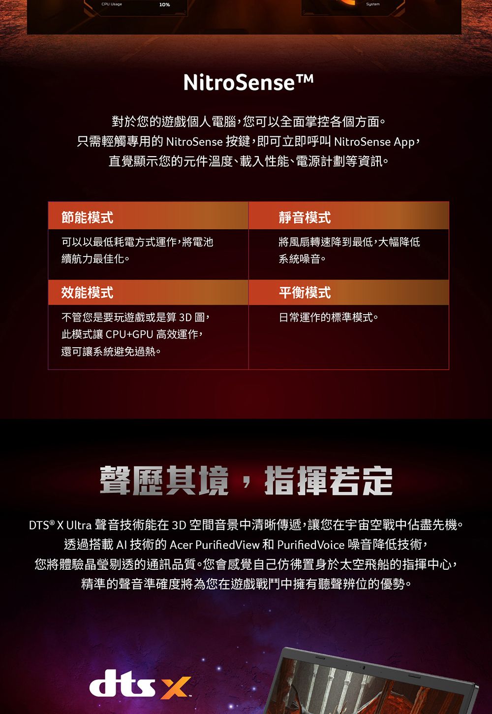 CPU 10%NitroSense對於您的遊戲個人電腦,您可以全面掌控各個方面。只需輕觸專用的 NitroSense 按鍵,即可立即呼叫 NitroSense App,直覺顯示您的元件溫度、載入性能、電源計劃等資訊。節能模式靜音模式可以以最低耗電方式運作,將電池續航力最佳化。將風扇轉速降到最低,大幅降低系統噪音。效能模式平衡模式不管您是要玩遊戲或是算3D圖,此模式讓CPU+GPU 高效運作,還可讓系統避免過熱。日常運作的標準模式。聲歷其境,指揮若定DTS® X Ultra 聲音技術能在3D空間音景中清晰傳遞,讓您在宇宙空戰中佔盡先機。透過搭載AI 技術的 Acer PurifiedView 和 PurifiedVoice 噪音降低技術,您將體驗晶瑩剔透的通訊品質。您會感覺自己置身於太空飛船的指揮中心,精準的聲音準確度將為您在遊戲戰鬥中擁有聽聲辨位的優勢。