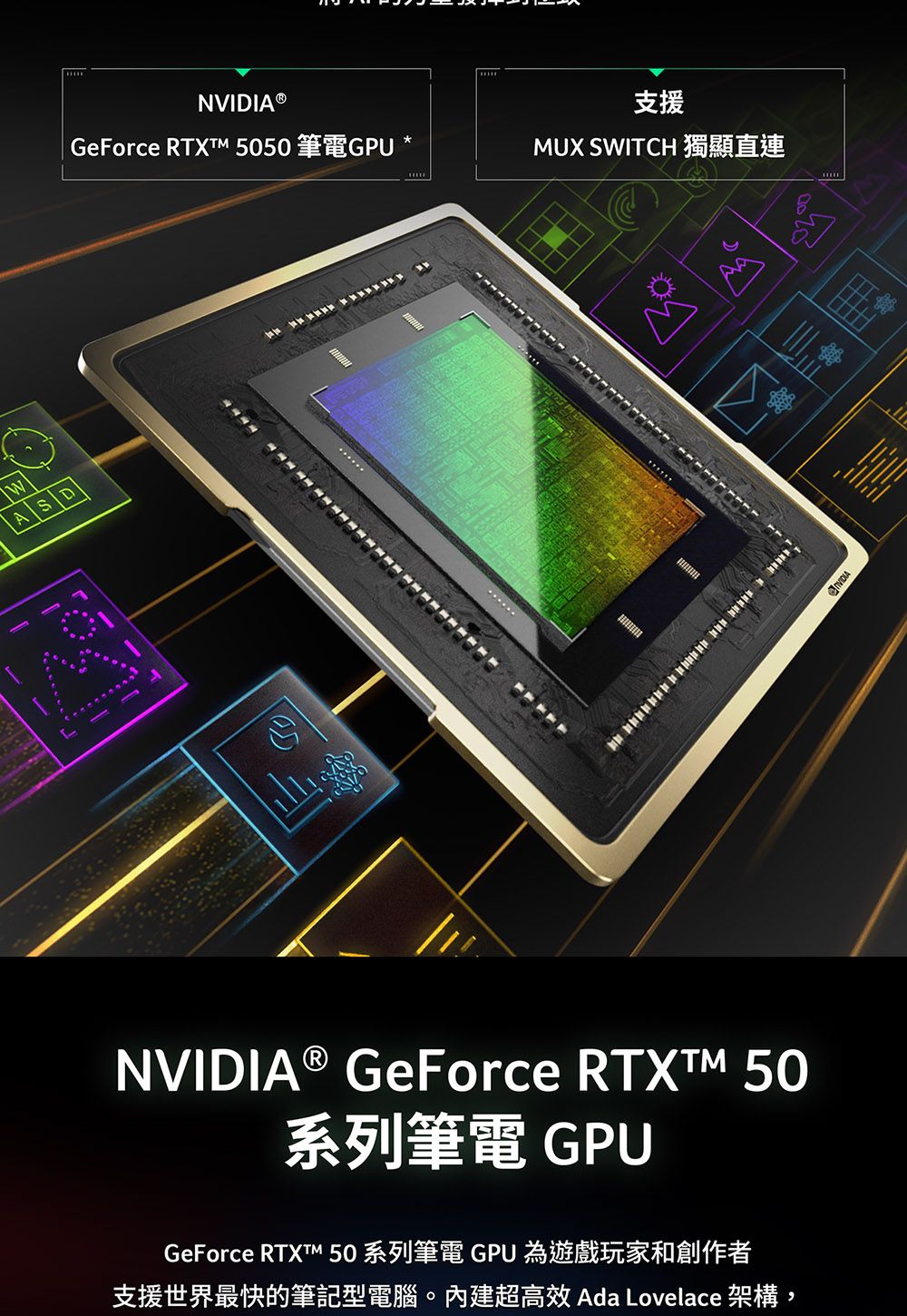 ASD®GeForce RTXTM 5050 筆電GPU *支援MUX SWITCH 獨顯直連NVIDIA ® GeForce RTXTM 50系列筆電 GPUGeForce RTXTM 50 系列筆電 GPU 為遊戲玩家和創作者支援世界最快的筆記型電腦。內建超高效 Ada Lovelace 架構,NVIDIA