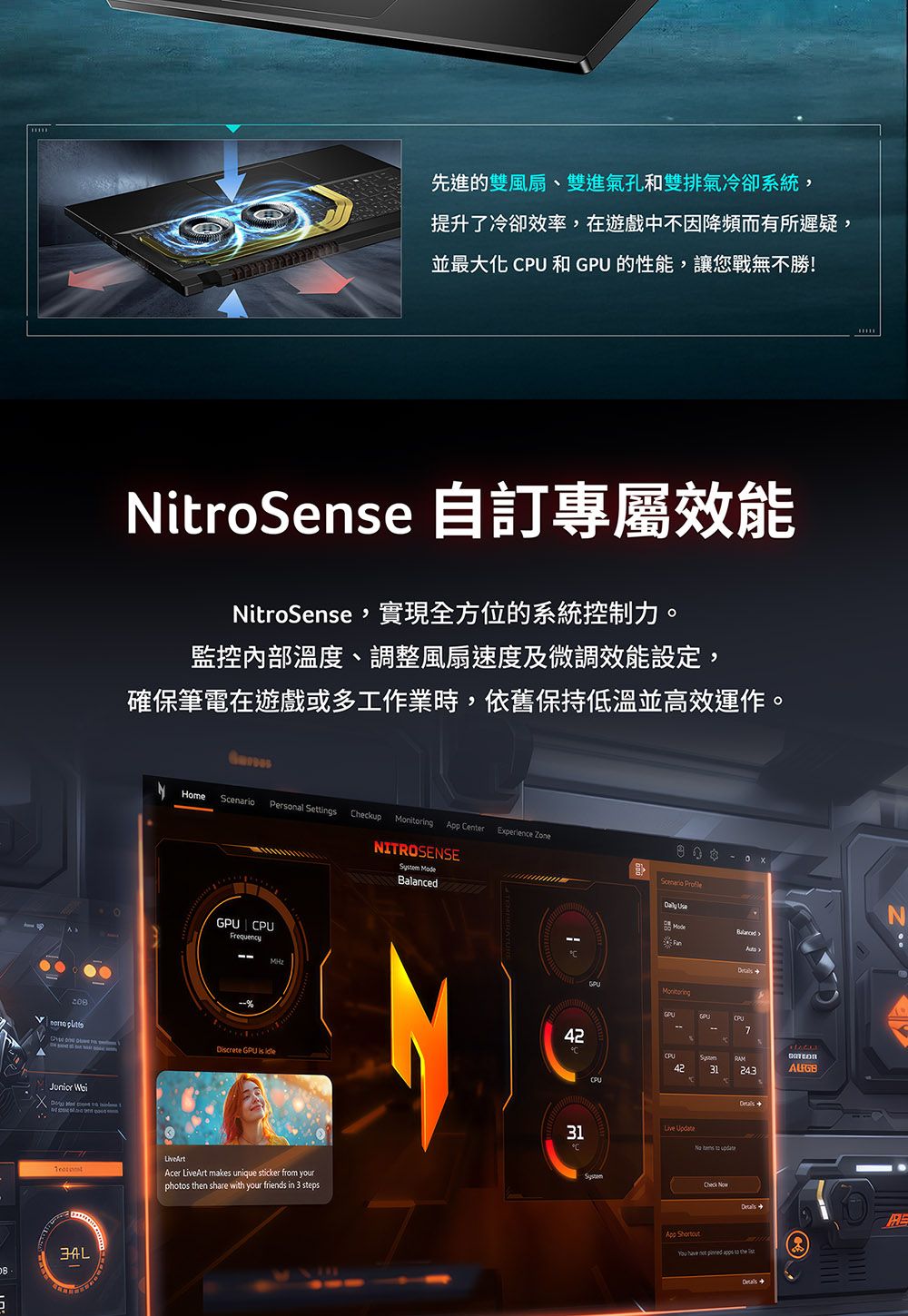 先進的雙風扇雙進氣孔和雙排氣冷卻系統,提升了冷卻效率,在遊戲中不因降頻而有所遲疑,並最大化  和的性能,讓您戰無不勝!NitroSense 自訂專屬效能NitroSense,實現全方位的系統控制力。監控內部溫度、調整風扇速度及微調效能設定,確保筆電在遊戲或多工作業時,依舊保持低溫並高效運作。Home  Personal Settings heckup   CenterEperience ZoneNITROSENSE GPU CPUFrequency42Dcrete GPU is Acer Art makes unique sticker from yourphotos then share with your friends in 3 stepsScenario  ModeBalanced x  GPUMonitoringCPU74231243C31Live    App  have not   to the