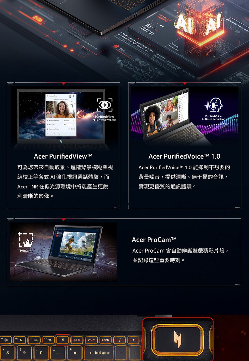 PurifiedView Powered Webam c  Purified Voice oise ReductionAcer PurifiedView可為您帶來自動取景、進階背景模糊與視線校正等各式A 強化視訊通話體驗,而Acer TR 在低光源環境中將能產生更銳利清晰的影像。Acer PurifiedVoiceT 1.Acer PurifiedVoiceT 1.0 能抑制不想要的背景噪音,提供清晰、無干擾的音訊,實現更優質的通訊體驗。ProCam89N 0-=-backspaceAcer ProCamAcer ProCam 會自動辨識遊戲精彩片段,並記錄這些重要時刻。-I+N