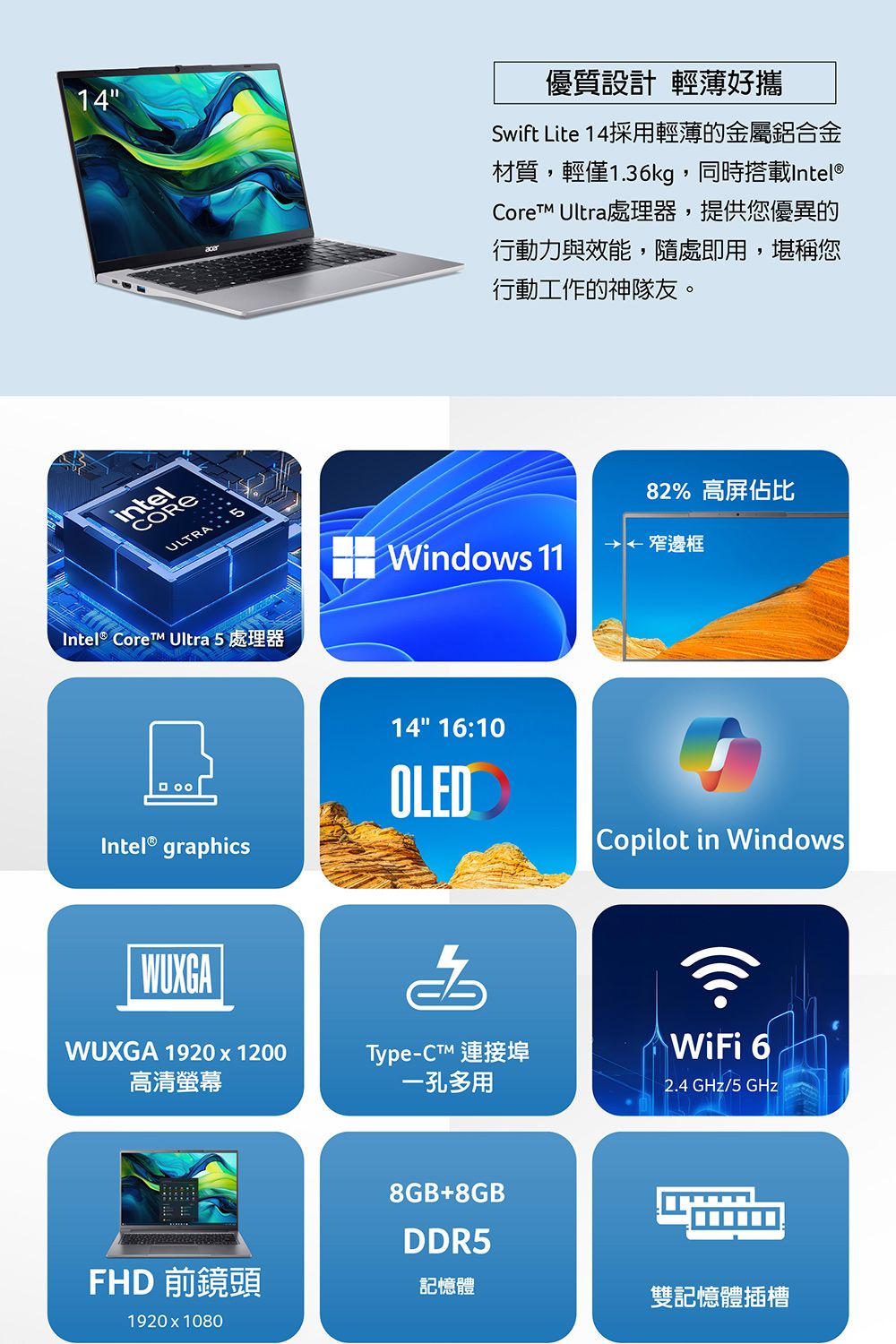 14intelCOREULTRA優質設計 輕薄好攜Swift Lite 14採用輕薄的金屬鋁合金材質,輕僅1.36kg,同時搭載 Ultra處理器,提供您優異的行動力與效能,隨處即用,堪稱您行動工作的神隊友。Intel® Core™ Ultra 5 處理器Intel® graphics82% 高屏佔比窄邊框Windows 1114 16:10OLEDWUXGA 1920x1200高清螢幕Type- 連接埠一孔多用8GB+8GBDDR5Copilot in WindowsWiFi 62.4 GHz/5 GHzFHD 前鏡頭記憶體雙記憶體插槽1920x1080