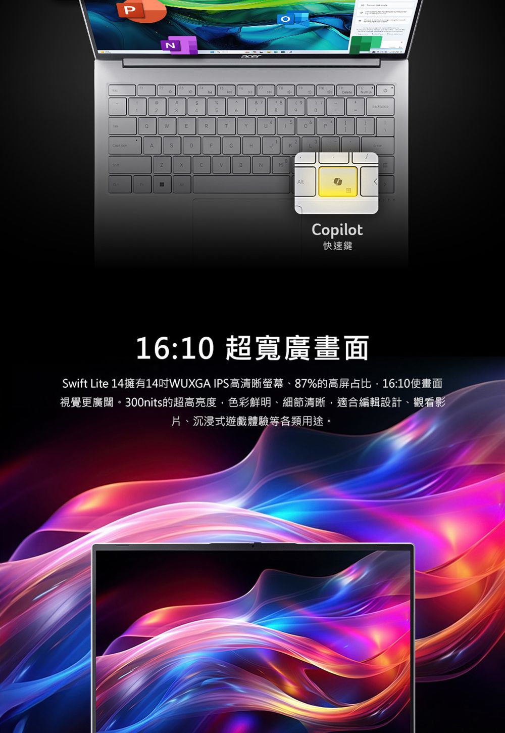 PERTYP AFHJKL2BNMAltGCopilot快速鍵16:10 超寬廣畫面Swift Lite 14擁有14WUXGA IPS高清晰螢幕、87%的高屏占比16:10畫面視覺更廣闊。300nits的超高亮度色彩鮮明、細節清晰,適合編輯設計、觀看影片、沉浸式遊戲體驗等各類用途。