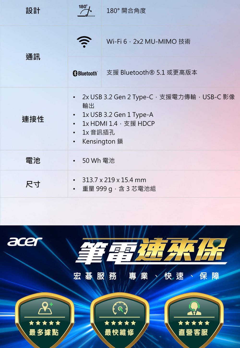 180設計通訊180°開合角度Wi-Fi 62 MU-MIMO 技術Bluetooth支援 Bluetooth® 5.1 或更高版本2x USB 3.2 Gen 2 Type-C支援電力傳輸USB-C 影像輸出連接性 USB 3.2 Gen 1 Type-A HDMI 1.4支援HDCP電池尺寸1x 音訊插孔Kensington 鎖50 Wh 電池313.7 x 219 x 15.4 重量 999 g含3芯電池組acer筆電速保+宏碁服務 專業、快速、保障最多據點最快維修直營客服