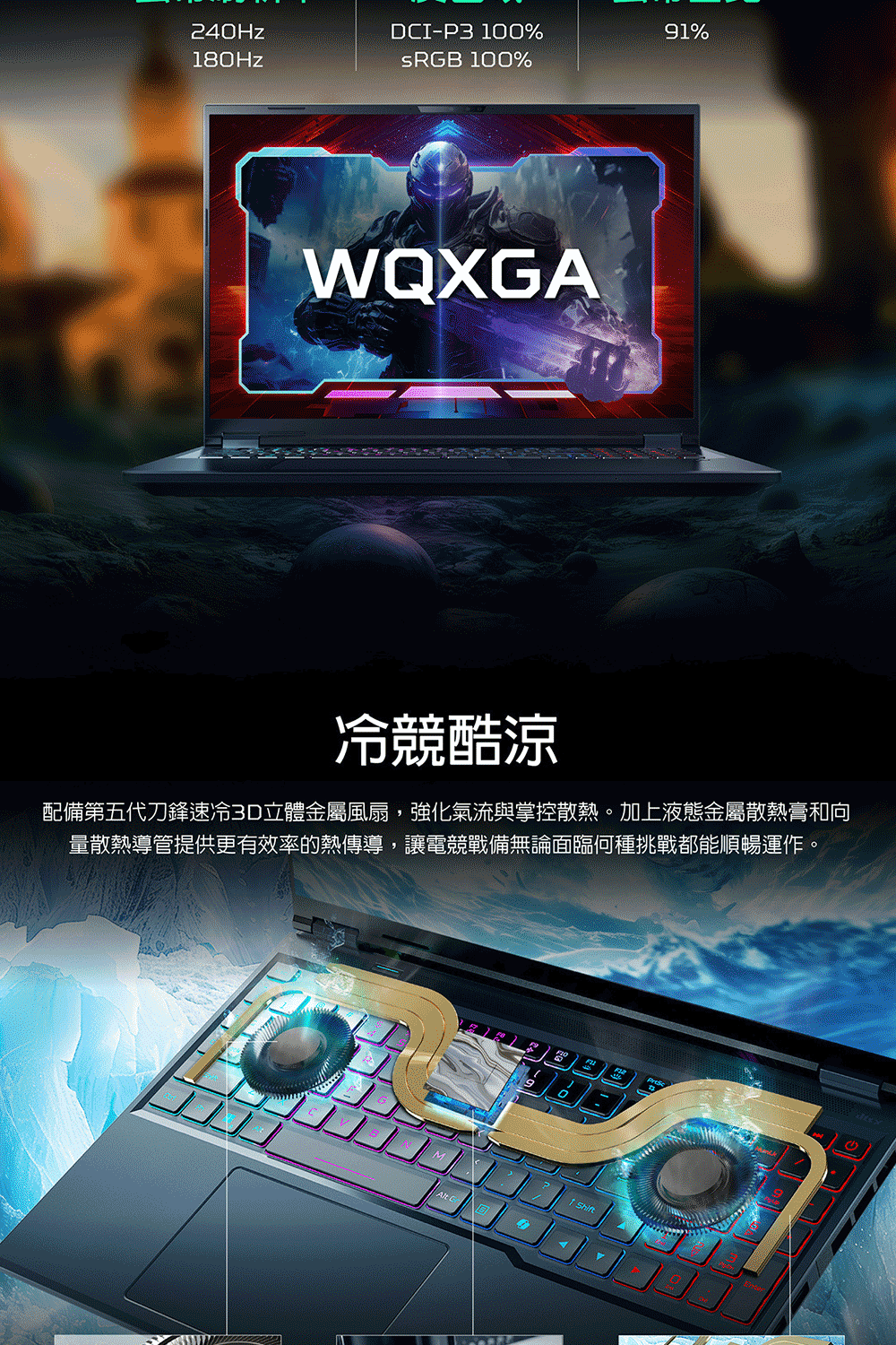DI-P3 00%91%180Hz 100%WQXGA冷競酷涼配備第五代刀鋒速冷3D立體金屬風扇,強化氣流與掌控散熱。加上液態金屬散熱膏和向量散熱導管提供更有效率的熱傳導,讓電競戰備無論面臨何種挑戰都能順暢運作。Alt C1 Shift