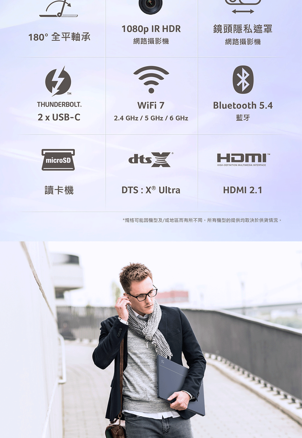 1080p IR HDR鏡頭隱私遮罩180°全平軸承網路攝影機網路攝影機THUNDERBOLTWiFi 72 x USBC2.4 GHz/5GHz/6GHzmicroSDdts讀卡機DTS : X® UltraBluetooth 5.4藍牙HDMIHIGH-DEFINITION MULTIMEDIA INTERFACEHDMI 2.1*規格可能因機型及/或地區而有所不同。所有機型的提供均取決於供貨情況。