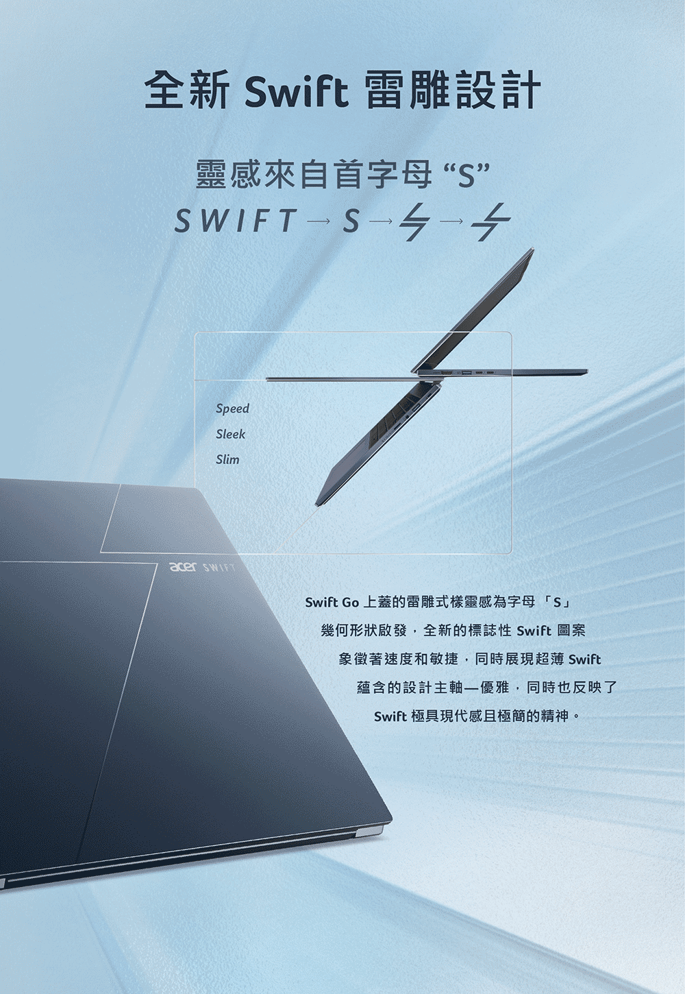 全新 Swift 雕設計靈感來自首字母“S”SpeedSleekSlimacer SWIFTSwift Go 上蓋的雷雕式樣靈感為字母「S幾何形狀啟發,全新的標誌 Swift 圖案象徵著速度和敏捷,同時展現超薄 Swift蘊含的設計主軸優雅,同時也反映了Swift 極具現代感且極簡的精神。