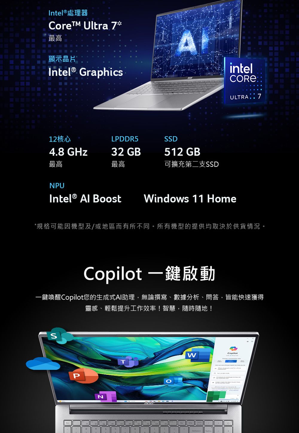 Intel®處理器CoreTM Ultra 7*最高顯示Intel® GraphicsintelULTRA 712核心LPDDR54.8 GHz32 GB最高最高NPUIntel® Al BoostSSD512 GB可擴充第二支SSDindows 11 Home*規格可能因機型及/或地區而有所不同。所有機型的提供均取決於供貨情況。 一鍵啟動一鍵喚醒Copilot您的生成式AI助理無論撰寫數據分析、問答,皆能快速獲得靈感、輕鬆提升工作效率!智慧,隨時隨地!PCopilotW