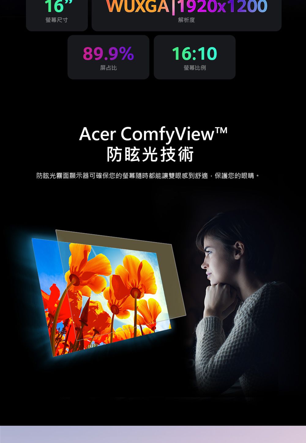 16螢幕尺寸WUXGA 1920x120089.9%解析度16:10屏占比螢幕比例Acer ComfyView防眩光技術防眩光霧面顯示器可確保您的螢幕隨時都能讓雙眼感到舒適,保護您的眼睛。