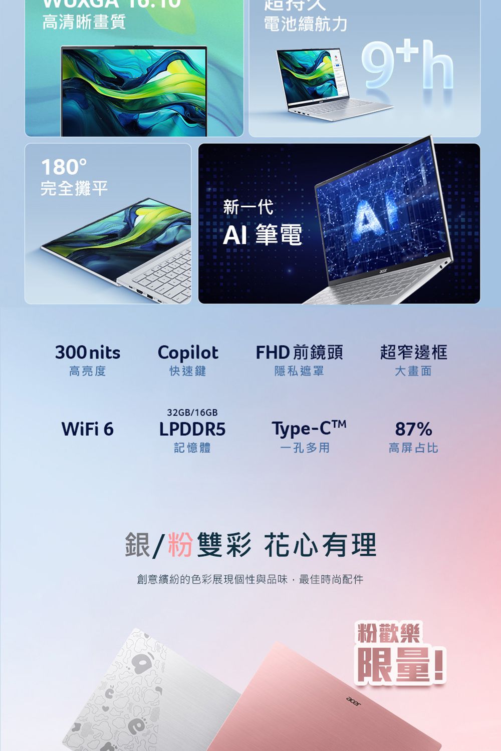 高清晰畫質180完全攤平新代電池續航力AI 筆電300nitsCopilotFHD 前鏡頭超窄邊框高亮度快速鍵隱私遮罩大畫面WiFi 632GB/16GBLPDDR5Type-CTM87%記憶體一孔多用高屏占比銀/粉雙彩 花心有理創意繽紛的色彩展現個性與品味最佳時尚配件粉歡樂限量!acer